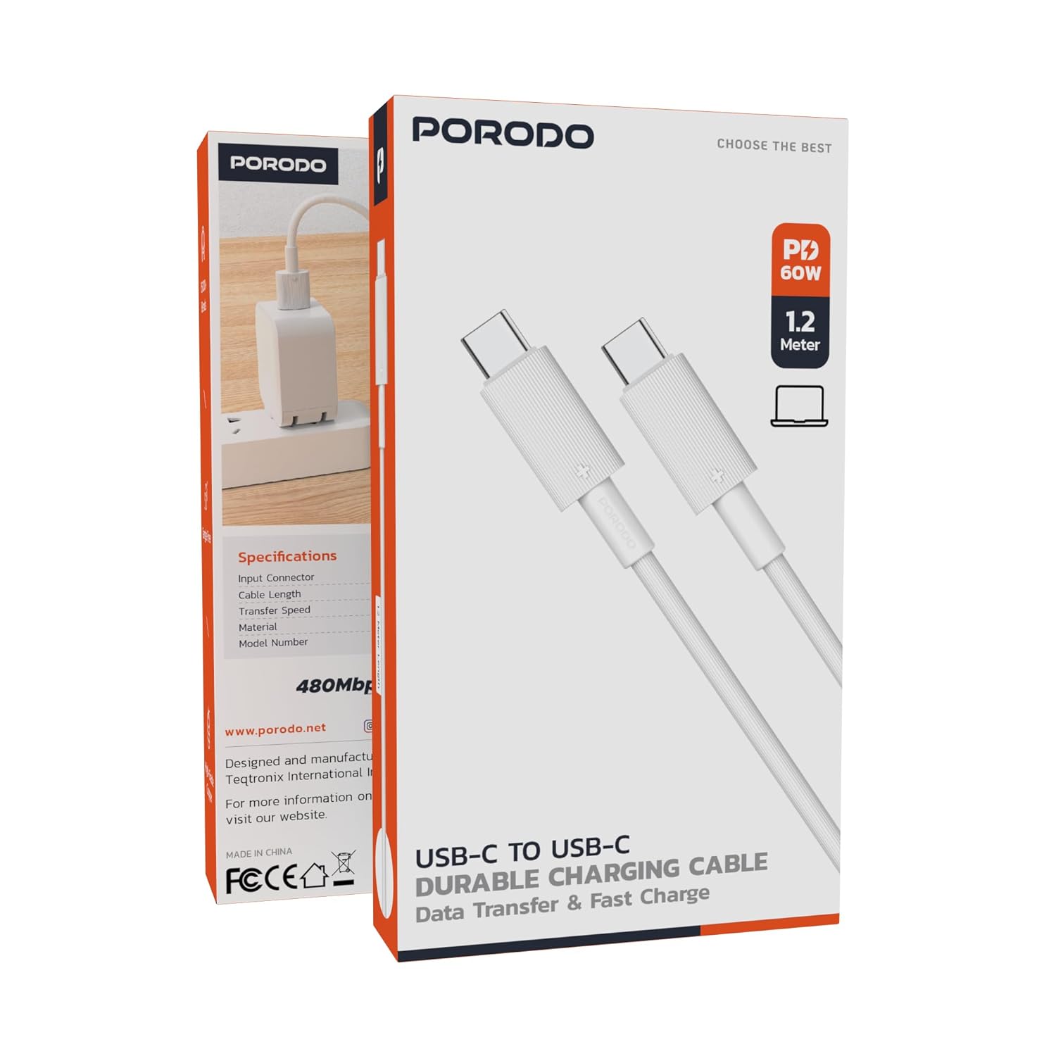 كابل Porodo USB-C إلى USB-C PVC بطول 1.2 متر، خالي من التشابك، PD 60 وات للشحن السريع ونقل البيانات، +15000 انحناء، خفيف الوزن ومحمول متوافق مع الهواتف الذكية والأجهزة اللوحية وأجهزة الكمبيوتر المحمولة - أبيض - الصورة 9