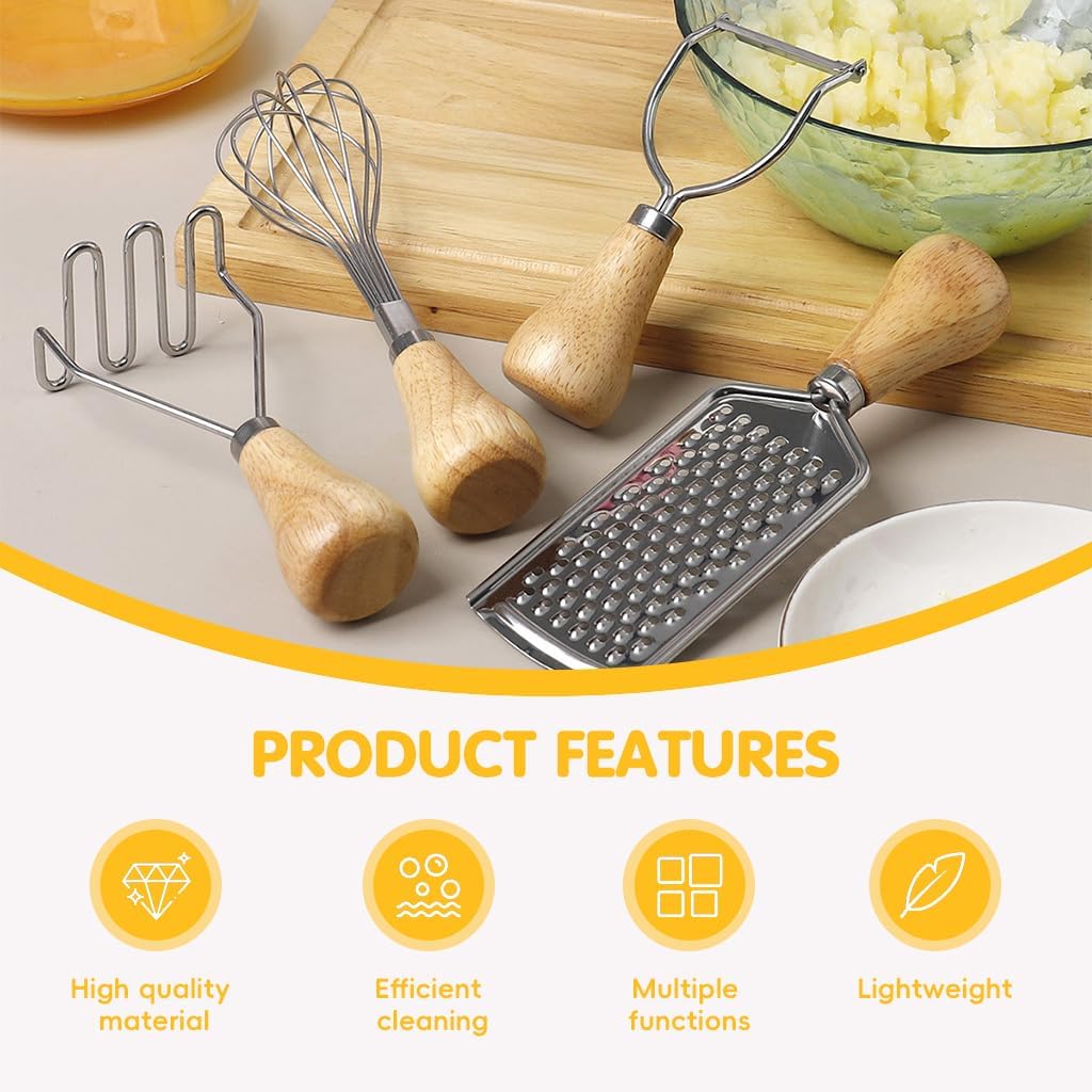 مجموعة أدوات مطبخ ELEPHANTBOAT® مكونة من 4 قطع، خفاقة معدنية، هراسة بطاطس، مبشرة جبن ومقشرة بمقابض خشبية، أدوات طبخ وخبز من الفولاذ المقاوم للصدأ لإعداد الطعام المنزلي والخبز - الصورة 4