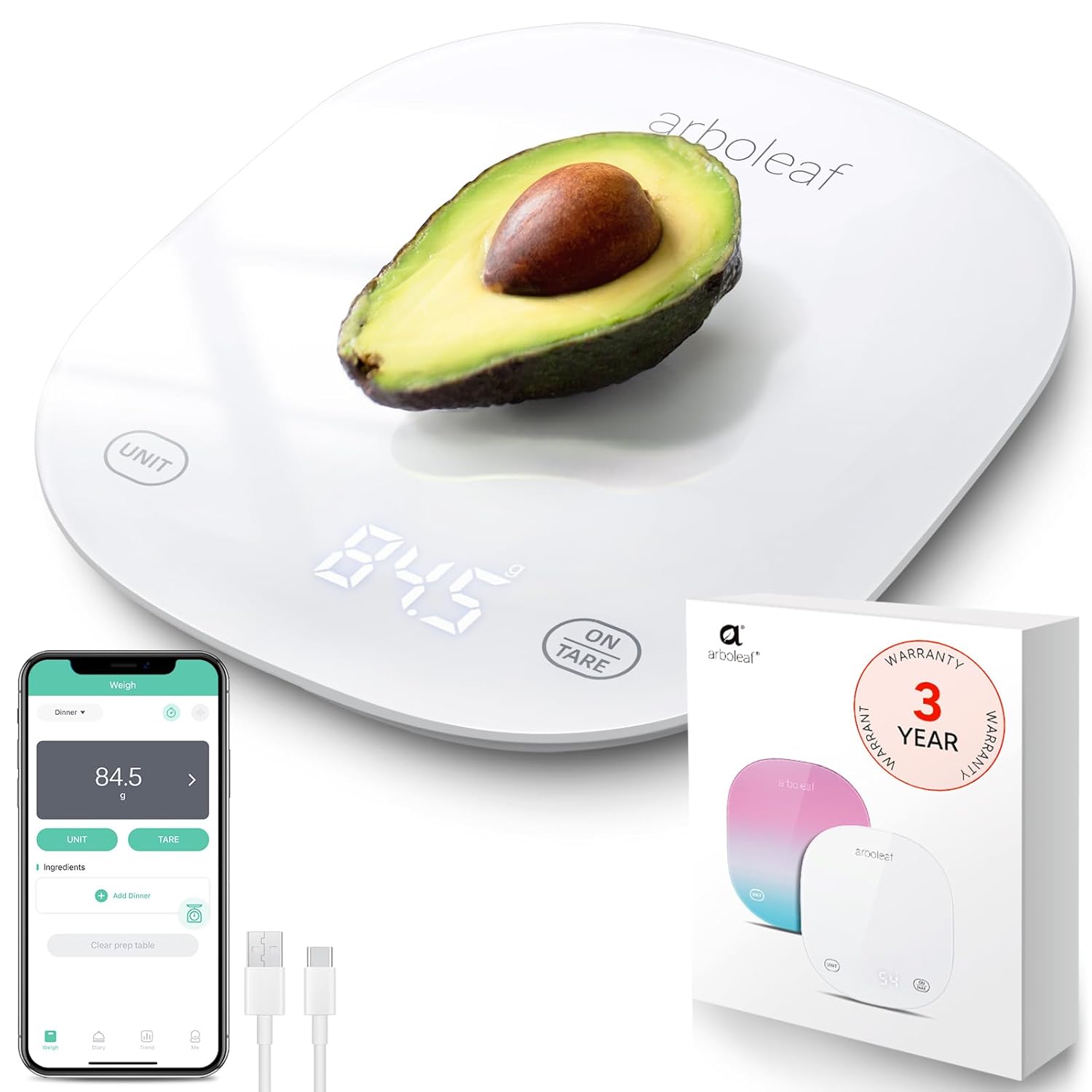 ميزان مطبخ ذكي للطعام من Arboleaf، ميزان طعام رقمي بوزن 22 رطل مع حاسبة غذائية، قابل لإعادة الشحن عبر USB، وزن ذكي مع تطبيق للماكرو والكيتو والسعرات الحرارية والطهي والجرام والأوقية، 0.1 أونصة/0.5 جرام، أبيض