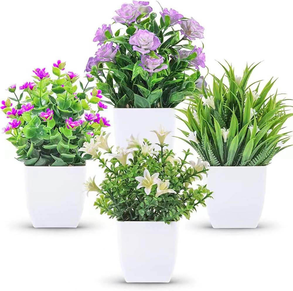 4 عبوات من الزهور الاصطناعية الصغيرة في وعاء، نباتات خضراء وهمية صغيرة، نباتات بلاستيكية صناعية لديكور المنزل الداخلي وغرفة المعيشة وغرفة النوم ورف الكتب المكتبي متعدد الألوان