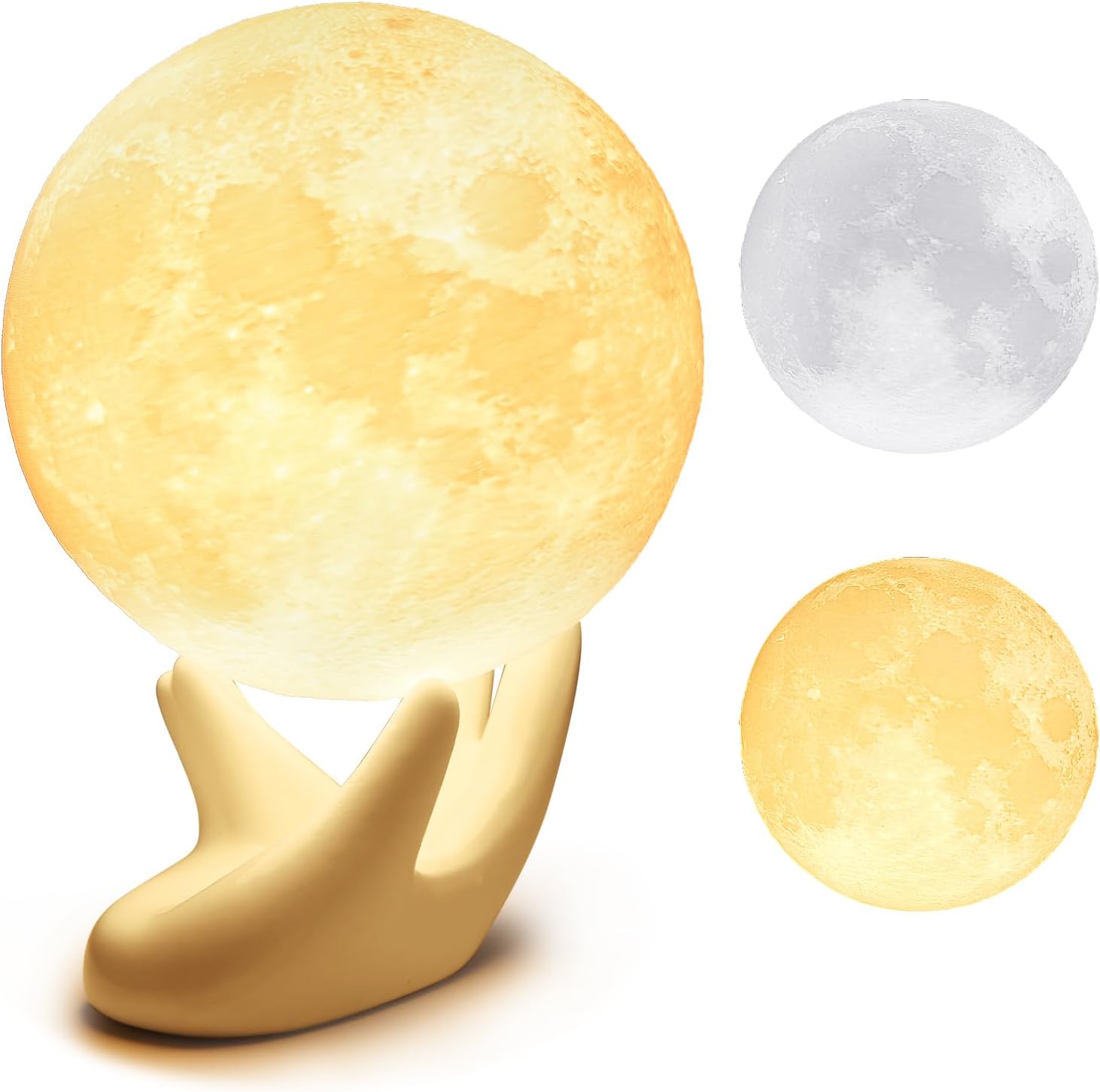 مصباح Mydethun Moon - ديكور المنزل، إضاءة مزاجية مع التحكم في السطوع، إضاءة ليلية LED، غرفة النوم، التأمل للتدريب على النوم، هدايا عيد ميلاد للأطفال والنساء، قاعدة يد سيراميك، 3.5 بوصة، أبيض وأصفر - الصورة 8