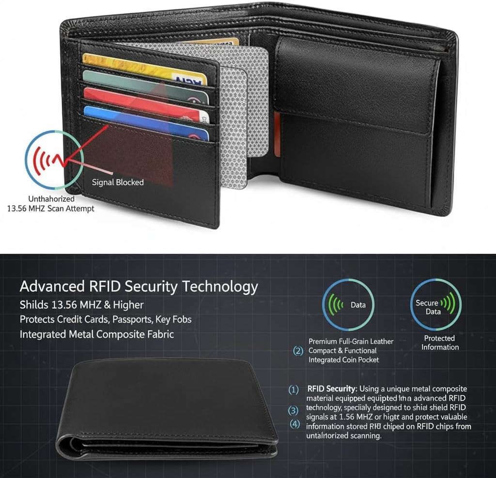 محفظة RFID للرجال - محفظة جلدية أصلية مضادة للسرقة ومضادة للسرقة، تصميم متعدد الفتحات مع حامل للبطاقات والتغيير للاستخدام اليومي - الصورة 3
