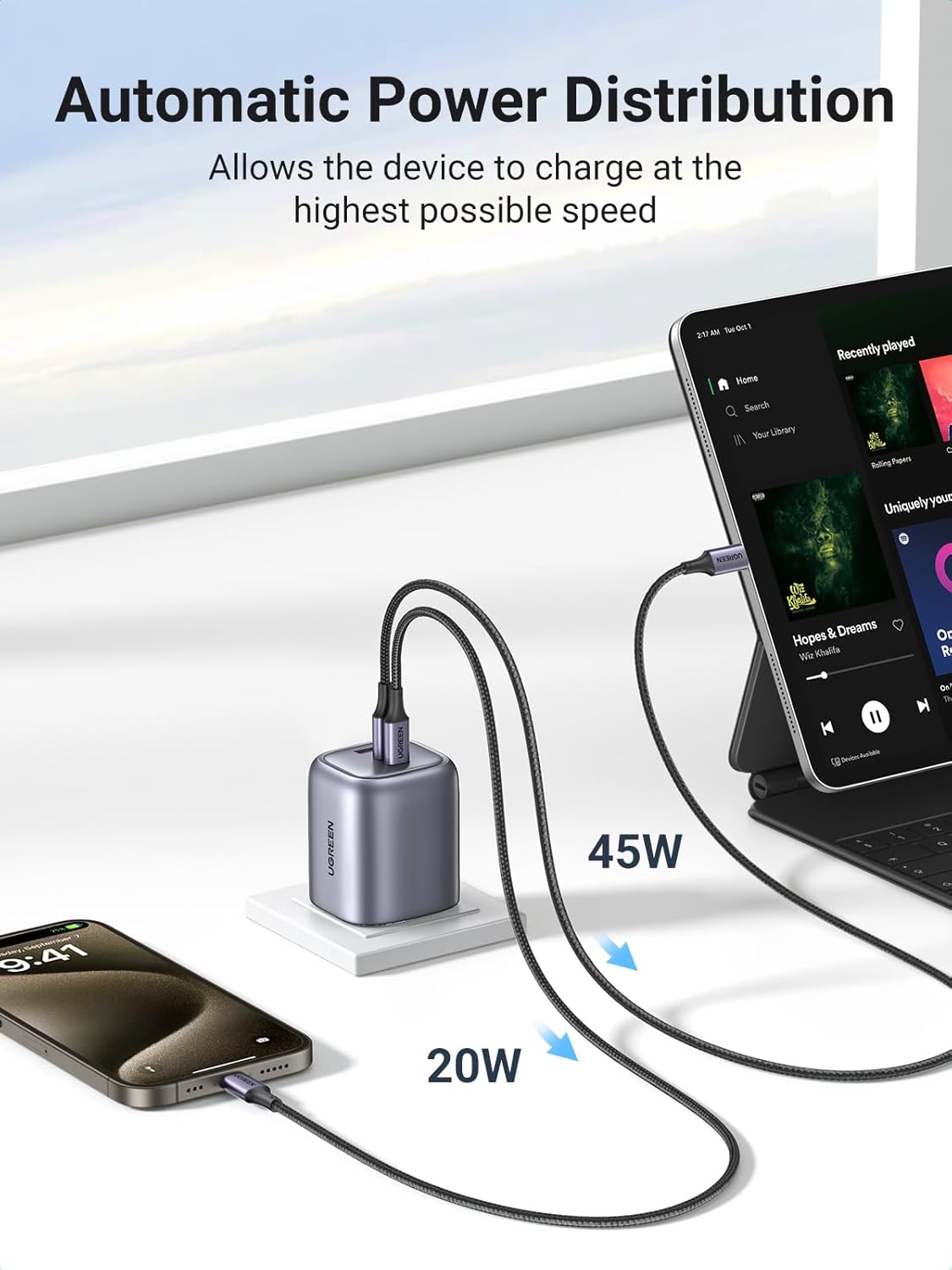 شاحن USB Nexode بقدرة 65 واط من UGREEN مع كابل 1.5 متر 100 واط من النوع C، وقابس شحن سريع بـ 3 منافذ GaN مع رأس شحن جداري قابل للطي لهاتف iPhone 17 Pro Max، متوافق مع أجهزة MacBook وiPad وLeveno وGalaxy S25 Ultra - الصورة 4