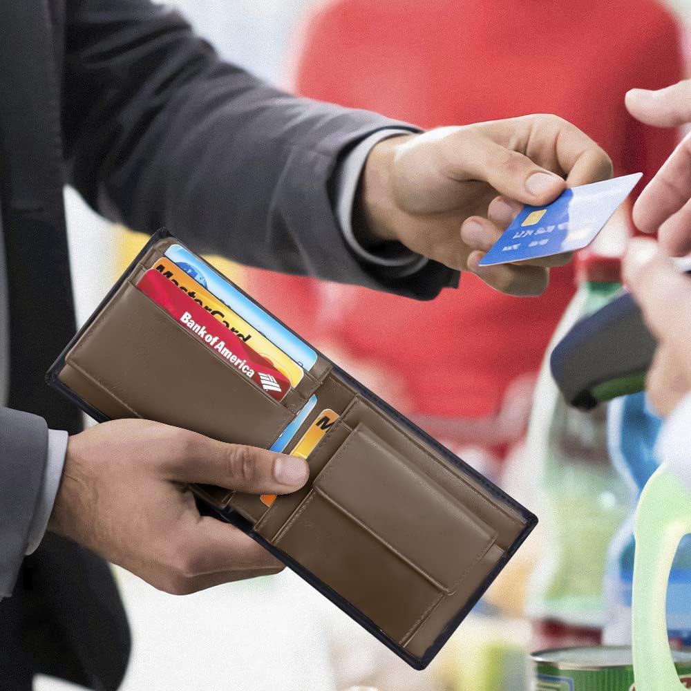 محفظة جلدية أصلية بخاصية RFID للرجال، محفظة كلاسيكية مضادة للسرقة للرجال، محفظة جيب أمامي مع 10 حاملات لبطاقات الائتمان، مقصورتين للفواتير النقدية وجيب واحد للعملات المعدنية - الصورة 6