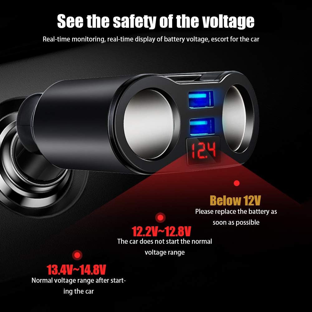 XUMIUZIY LED شاشة رقمية شاحن سيارة مزدوج USB ولاعة السجائر المقبس الفاصل 12-24 فولت 120 واط للأجهزة المحمولة ABS + PC 1 قطعة (أسود) - الصورة 6