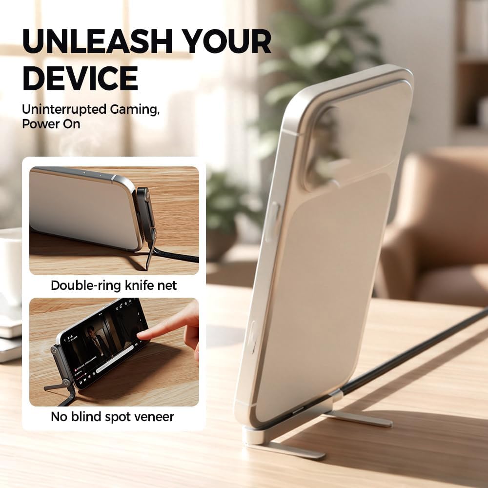 كابل شحن سريع 2 في 1 بقوة 240 وات مع حامل هاتف مدمج، تصميم حامل غير مرئي، سلك USB C مضفر للألعاب والمكتب والسفر، شاحن متين خالٍ من التشابك مع حامل متكامل - الصورة 4