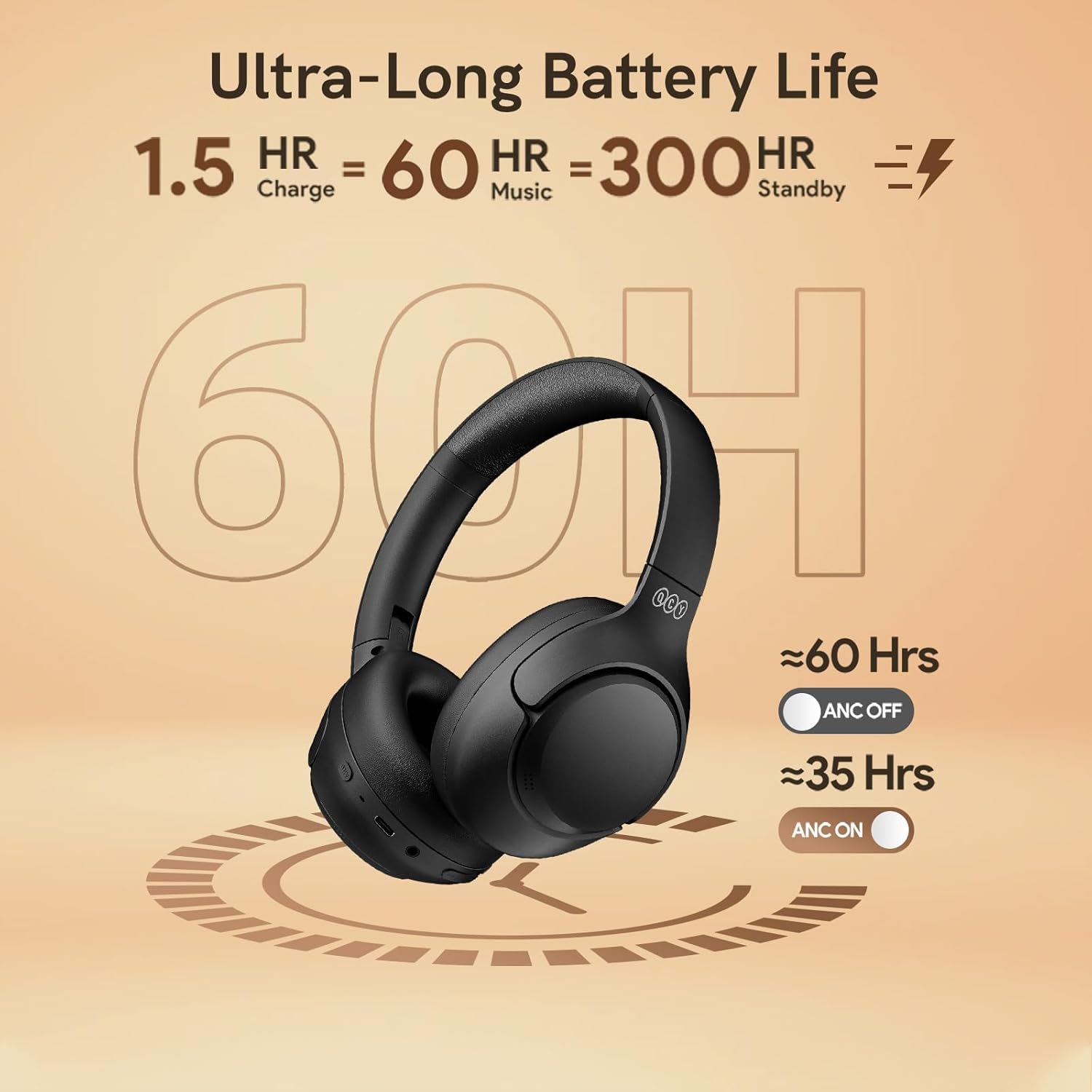 سماعات رأس QCY H3 Hybrid بخاصية إلغاء الضوضاء النشطة، صوت عالي الدقة مع صوت جهير عميق، سماعات بلوتوث 5.4 لاسلكية فوق الأذن، اتصال متعدد النقاط، وقت تشغيل 60 ساعة، مكالمات واضحة بـ 5 ميكروفونات AI - الصورة 5