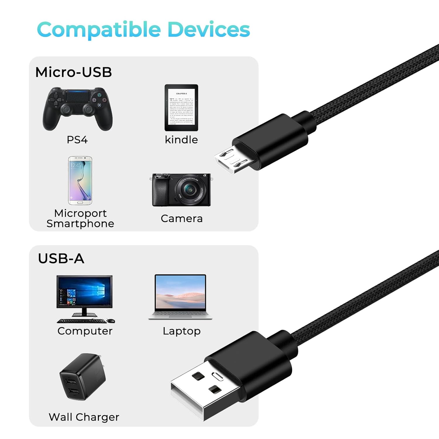 كابل وحدة تحكم ps4، كابل micro usb شاحن android، كابل شح - الصورة 4