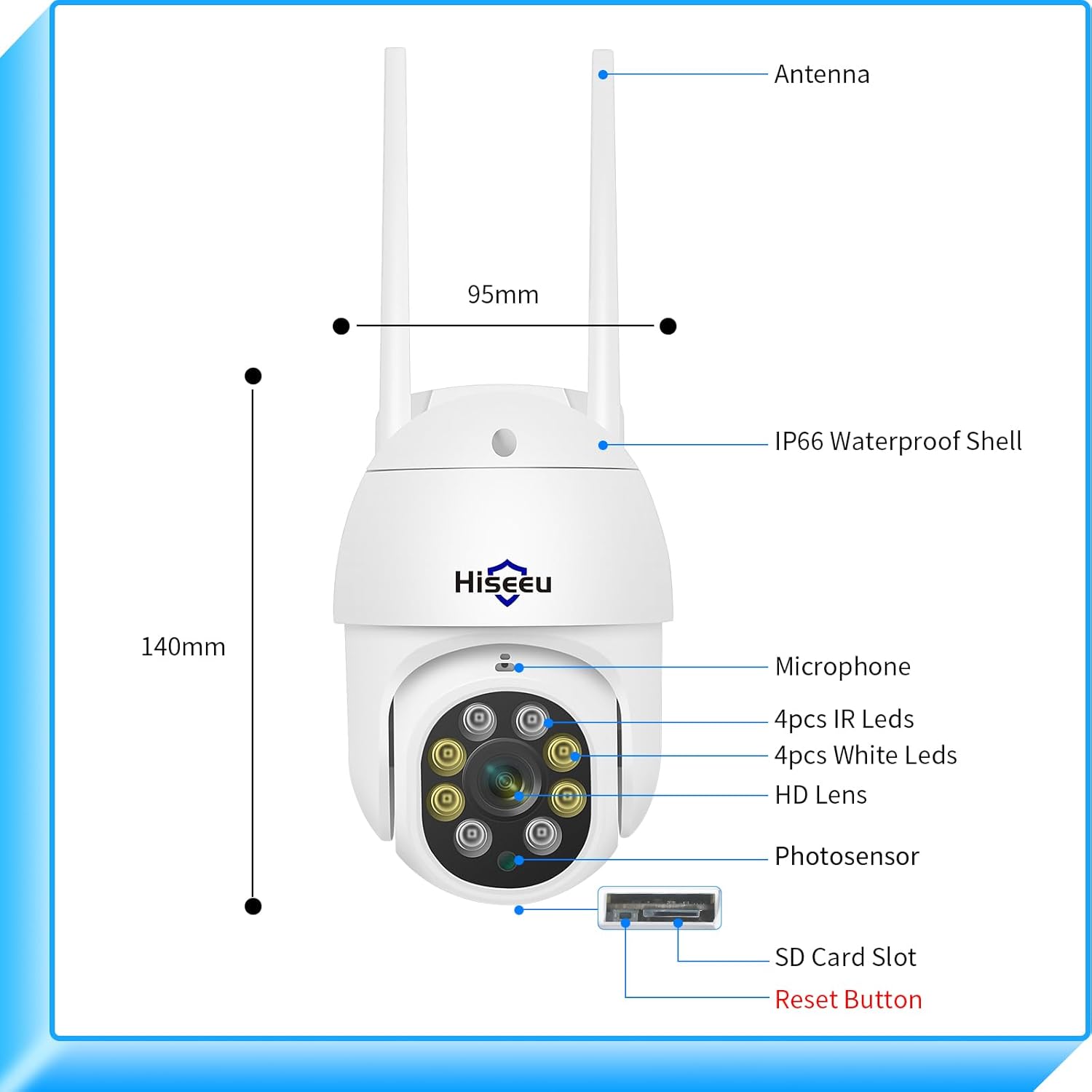 كاميرا Hiseeu 2K 3MP WIFI PTZ في الهواء الطلق، تتبع تلقائي وإنذار ضوئي وضوء كاشف ورؤية ليلية ملونة، عرض 360 درجة، صوت ثنائي الاتجاه، كابل توصيل، نظام كاميرا لاسلكي متوافق - الصورة 7
