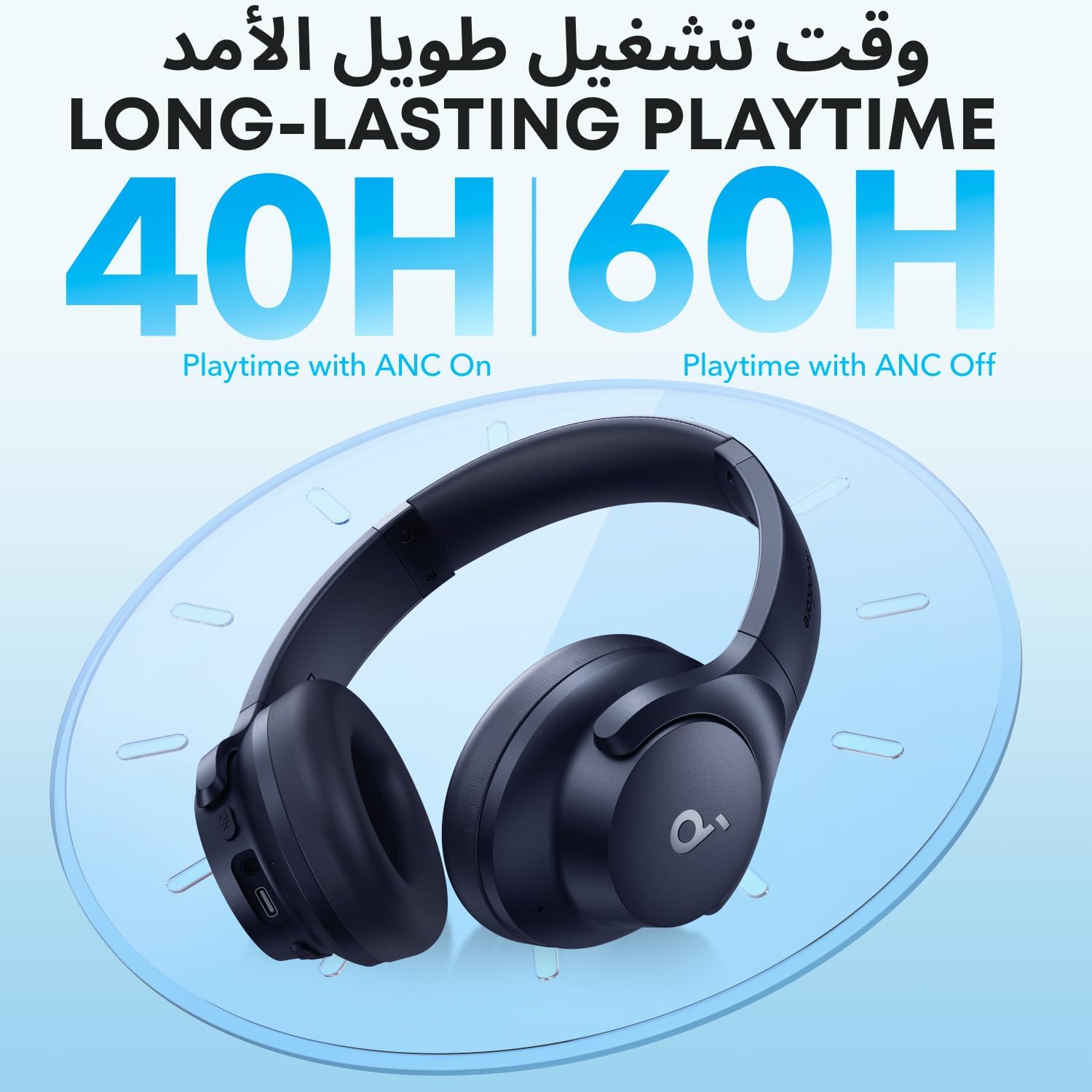 سماعات رأس soundcore من Anker Q20i Hybrid Active Noise Canceling القابلة للطي، بلوتوث لاسلكي فوق الأذن، وقت تشغيل ANC طويل 40 ساعة، صوت عالي الدقة، صوت جهير كبير، تخصيص عبر تطبيق، وضع الشفافية - الصورة 5