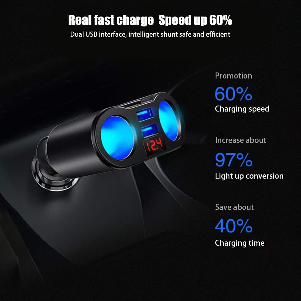 XUMIUZIY LED شاشة رقمية شاحن سيارة مزدوج USB ولاعة السجائر المقبس الفاصل 12-24 فولت 120 واط للأجهزة المحمولة ABS + PC 1 قطعة (أسود) - الصورة 7