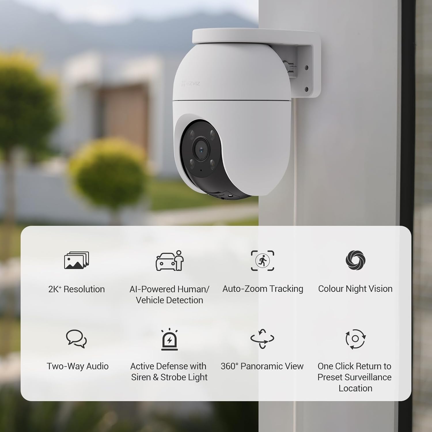 كاميرا أمان EZVIZ C8C، كاميرا WiFi خارجية بدقة 4 ميجابكسل 2K+، كاميرا CCTV للمنزل بتغطية 360 درجة، اكتشاف شكل الإنسان/المركبة، تتبع التكبير التلقائي، رؤية ليلية ملونة، مقاومة للطقس، التحدث في اتجاهين - الصورة 2