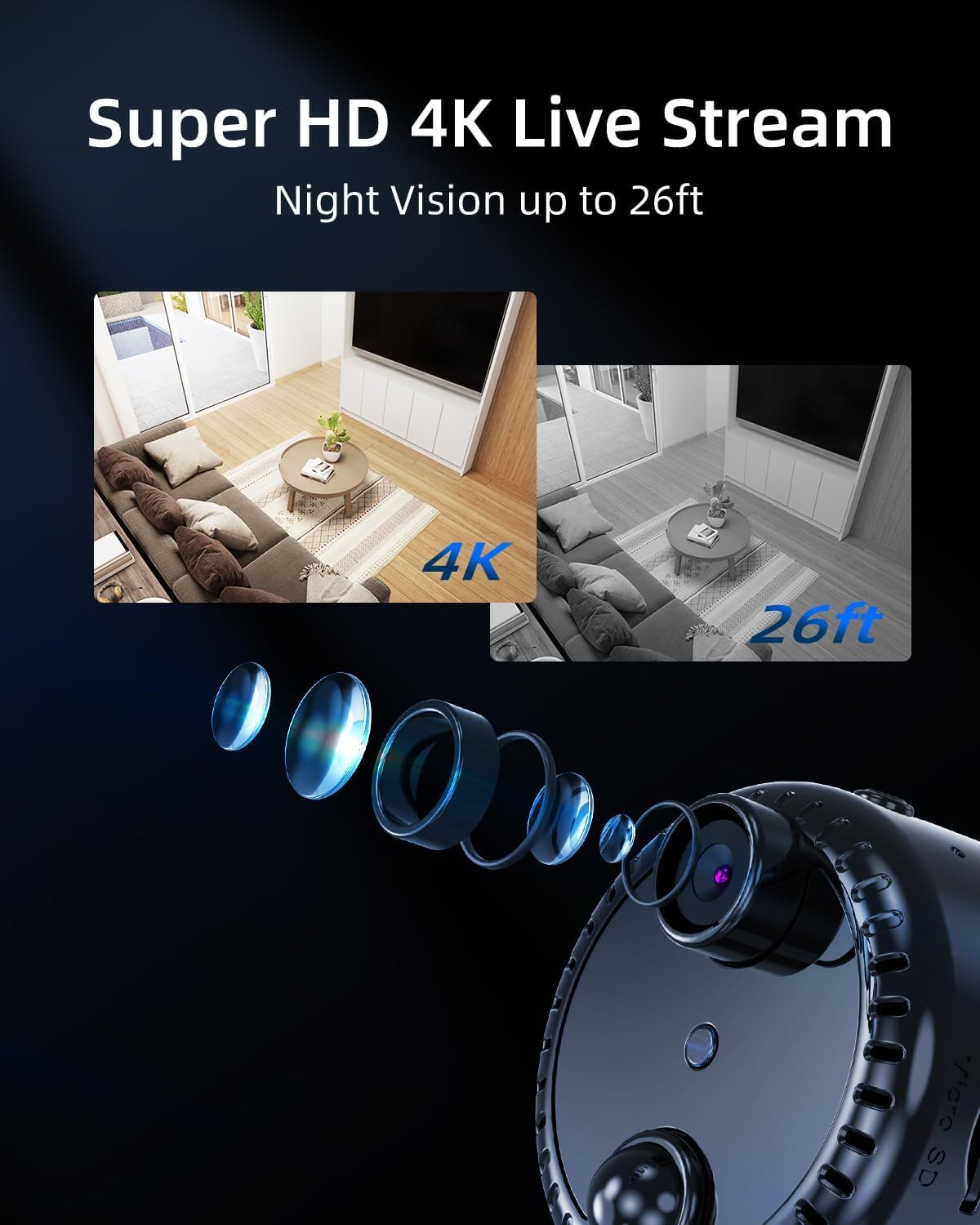 كاميرا مراقبة صغيرة من Excefore، نقل مباشر بدقة 4K للهاتف المحمول واي فاي، مراقبة فيديو لاسلكية صغيرة، سهلة التركيب بقاعدة مغناطيسية، مع التحكم في تطبيق التسجيل والرؤية الليلية - الصورة 4