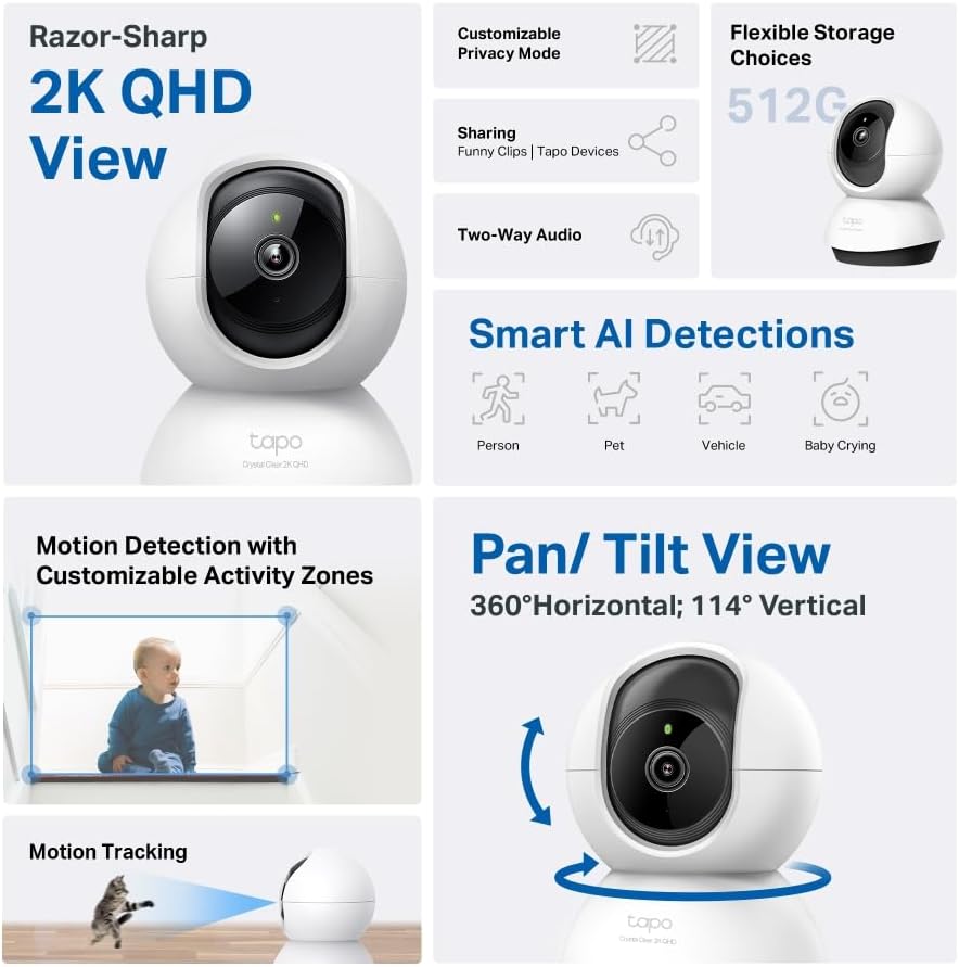 كاميرا مراقبة داخلية Tapo 2K 4MP C220 WiFi، كشف الأشخاص، صوت ثنائي الاتجاه، متوافق مع Alexa وGoogle Assistant، للأطفال/الحيوانات الأليفة - الصورة 2