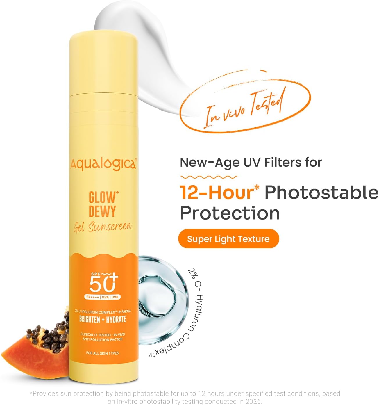 كريم الوقاية من الشمس Aqualogica Glow+ Dewy مع فيتامين C وحمض الهيالورونيك ومستخلص البابايا | عامل حماية من الشمس 50 PA++++، حماية واسعة النطاق من الأشعة فوق البنفسجية فئة A وB، تفتيح، ترطيب، خفيف الوزن ولا يحتوي على حماية من الزهر الأبيض، 50 جم - الصورة 2