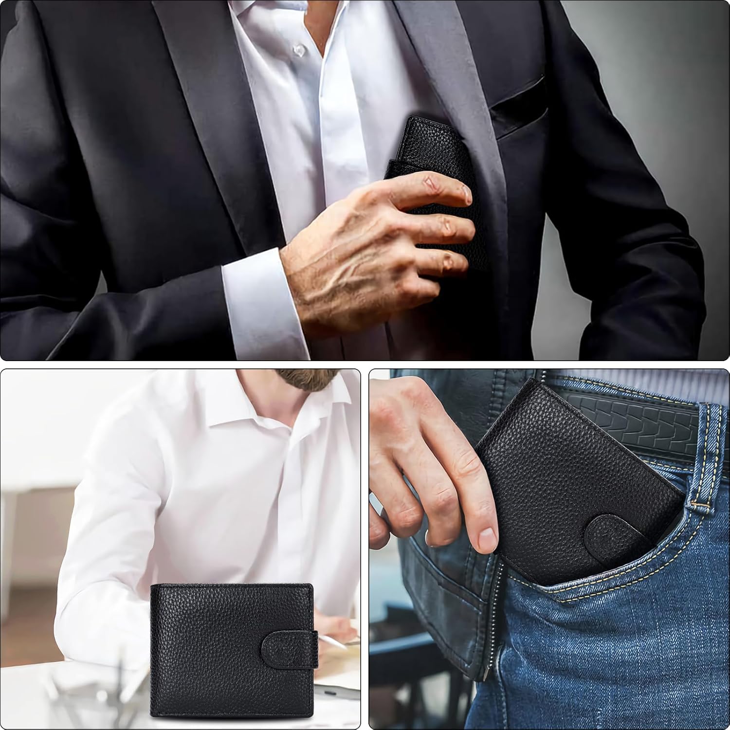 محفظة جلدية أصلية للرجال، محفظة نحيفة بحجب RFID ثنائية الطي للرجال، محفظة جيب أمامي مع 5 فتحات لبطاقة الائتمان، 2 نافذة لبطاقة الهوية، 3 مقصورات للفواتير النقدية وجيب واحد للعملات المعدنية (أسود ليتشي) - الصورة 6