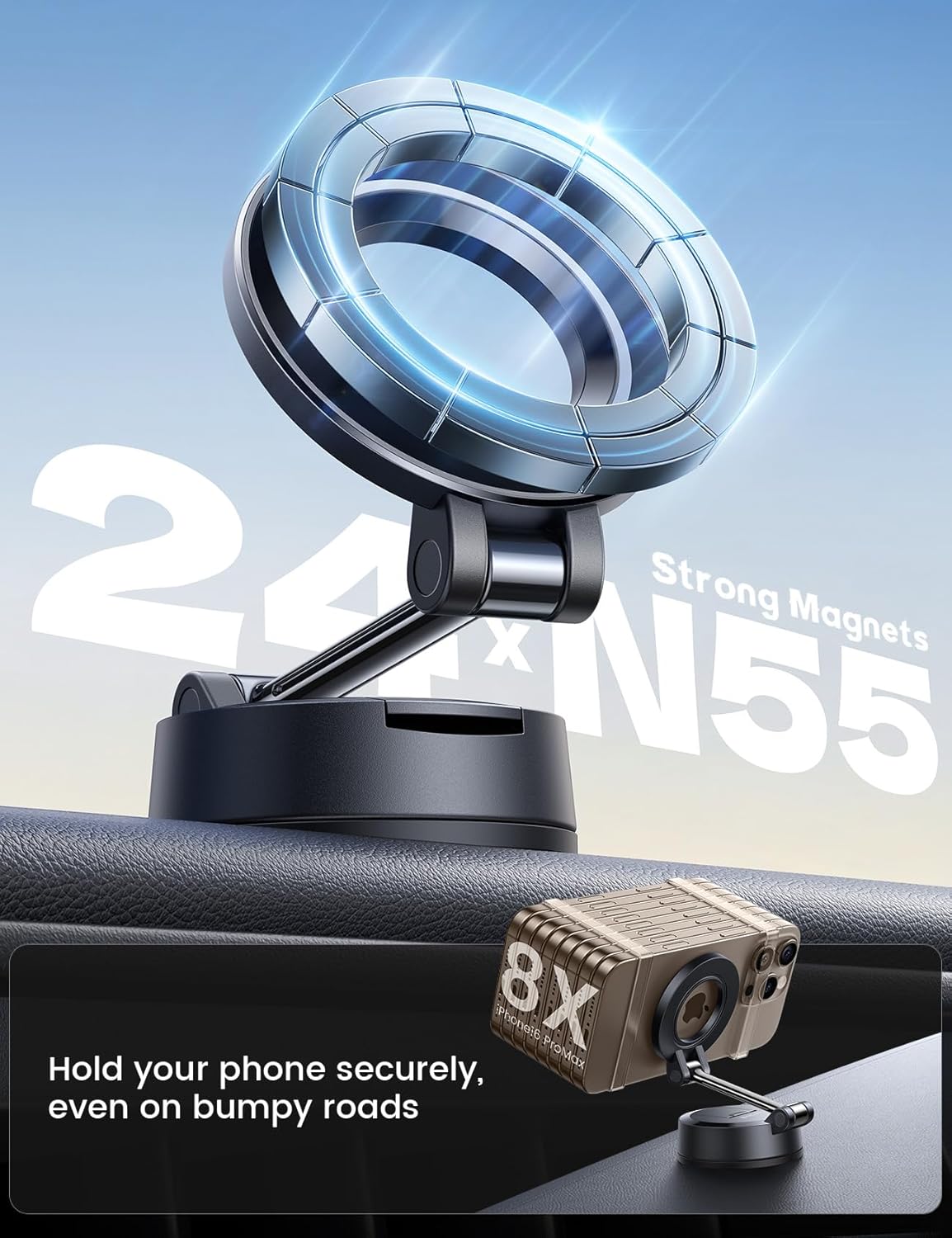 حامل هاتف Lamicall للسيارة (شفط قوي 70 رطل) لحامل السيارة Magsafe، كوب شفط قابل للتعديل 360 درجة، لوحة القيادة والزجاج الأمامي للشاحنة لهاتف iPhone 17 16 وجميع الهواتف الذكية - الصورة 4