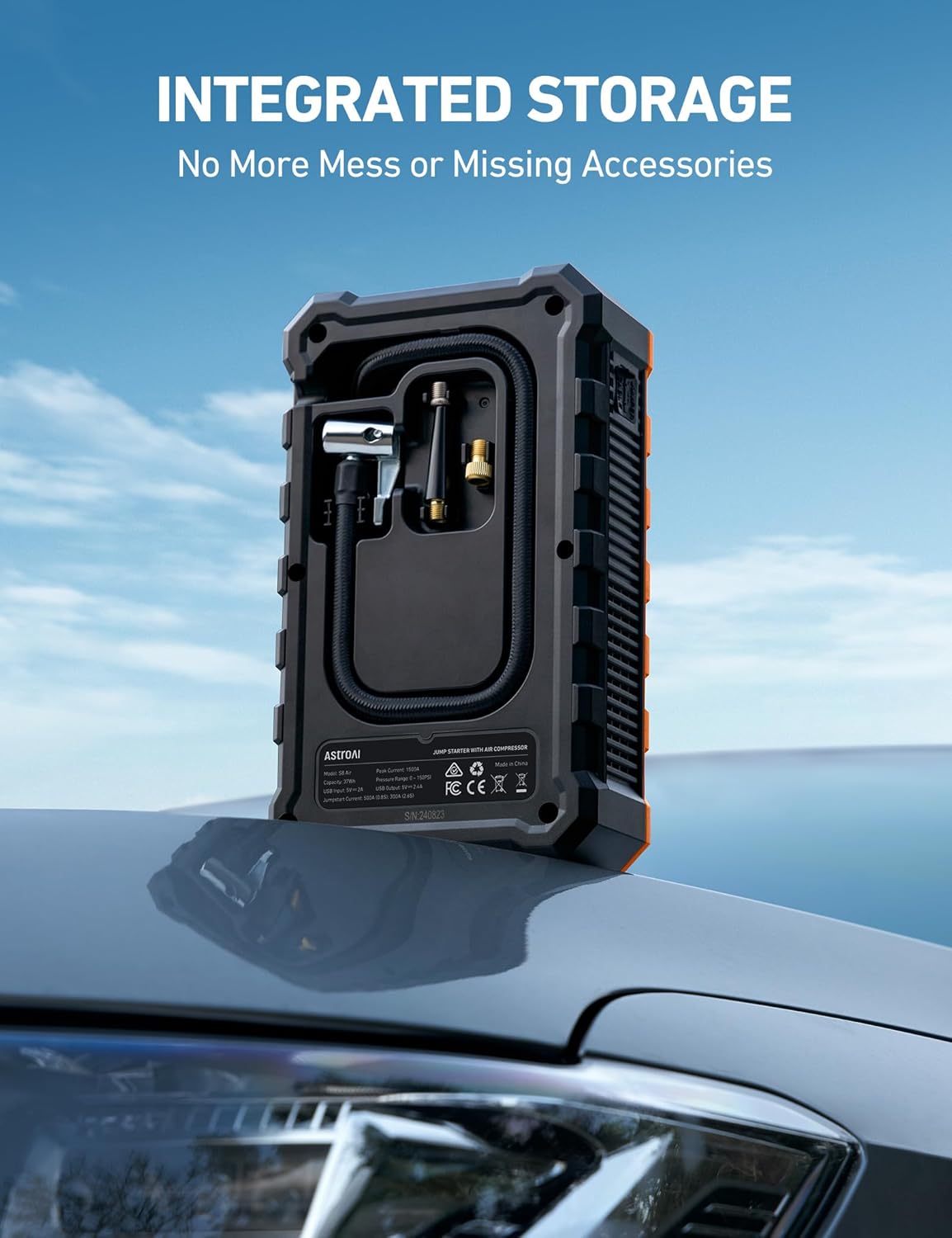 AstroAI Jump Starter مع ضاغط هواء، بطارية السيارة المحمولة (6.0 غاز/3.0 لتر ديزل) مع منفاخ إطارات للإغلاق التلقائي بقوة 150 رطل لكل بوصة مربعة، صندوق معزز لشاحن بطارية 12 فولت (برتقالي) - الصورة 7