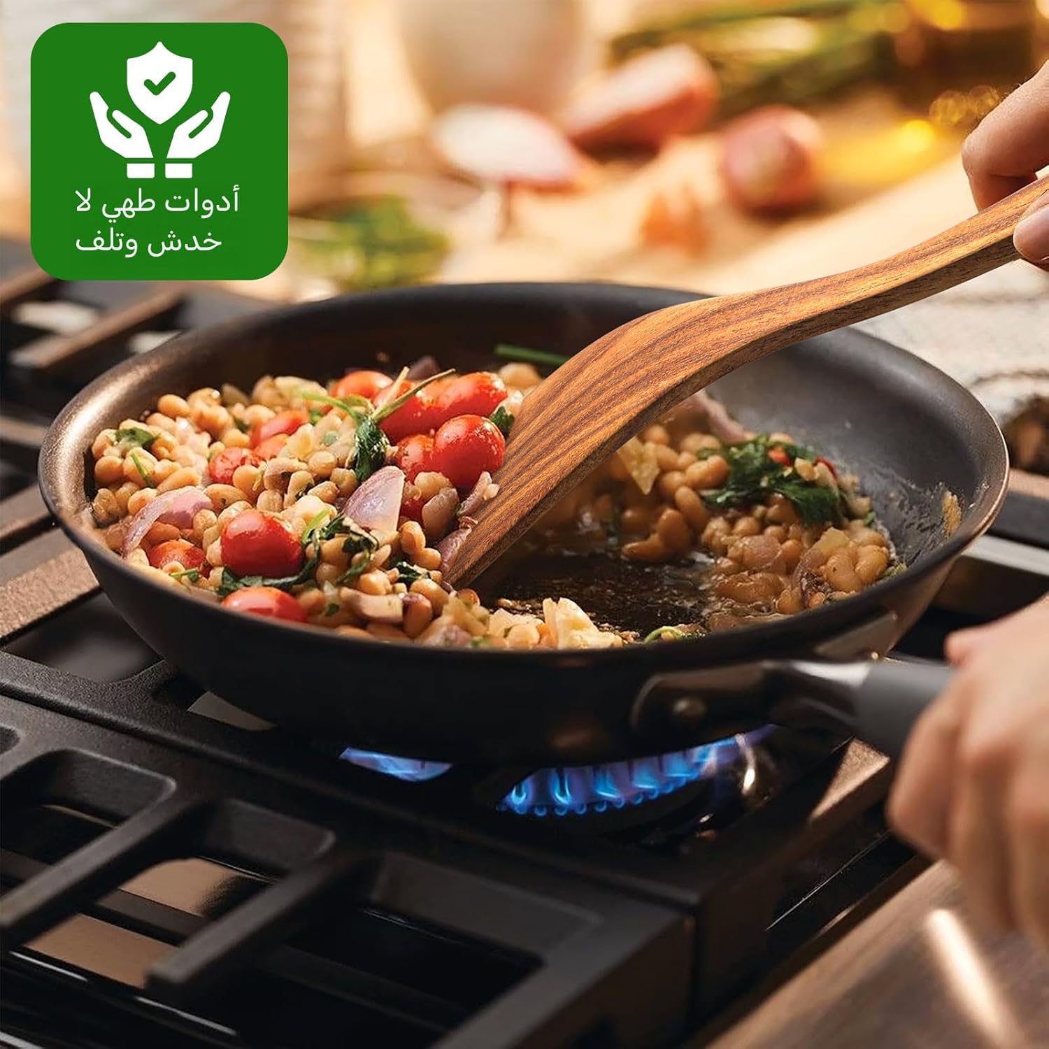 مجموعة أدوات الطبخ للمطبخ من خشب الساج الطبيعي مع حامل، ملاعق خشبية للطهي، مجموعة ملاعق طبخ 10 قطع مع مسند للملعقة، مجموعة أدوات خشبية لأواني الطبخ غير اللاصقة، متينة وخفيفة الوزن - الصورة 6
