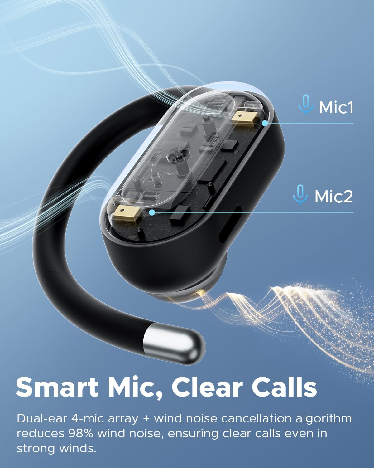 سماعات أذن لاسلكية مفتوحة الأذن من TRUEFREE EarFit DS1، مشبك أذن بلوتوث 6.0 مع شاشة LED، وقت تشغيل 40 ساعة، مقاومة للماء IPX5، ملاءمة آمنة، ميكروفون لإلغاء الضوضاء للرياضة والعمل والتنقل - الصورة 6