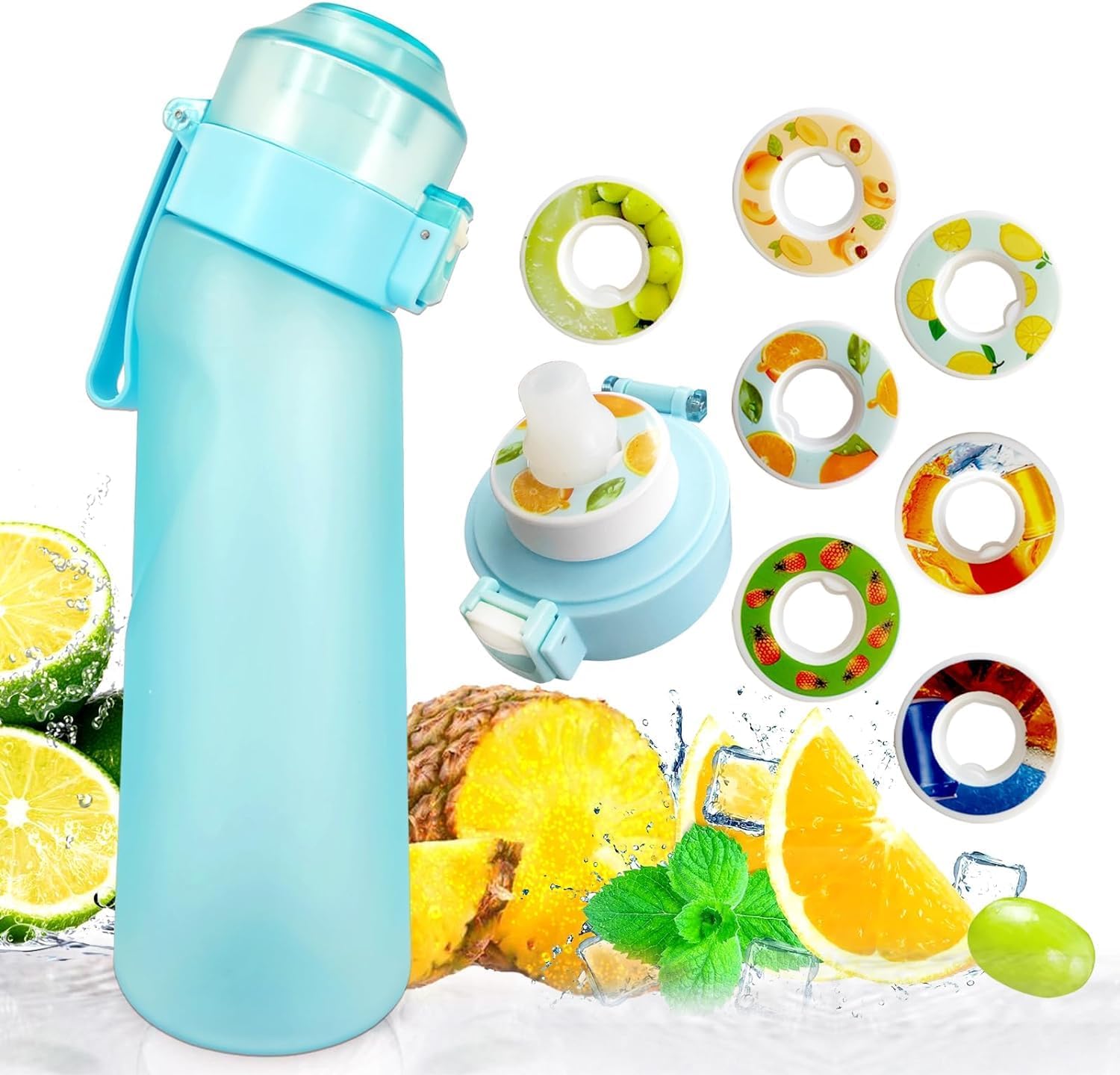مجموعة زجاجات الشرب XICEN Sports Air Water Bottle Free BPA، زجاجة مياه برائحة الفاكهة سعة 650 مل مع 7 كبسولات نكهات، كوب ماء سكر بنسبة 0% للصالة الرياضية والخارجية (أزرق)