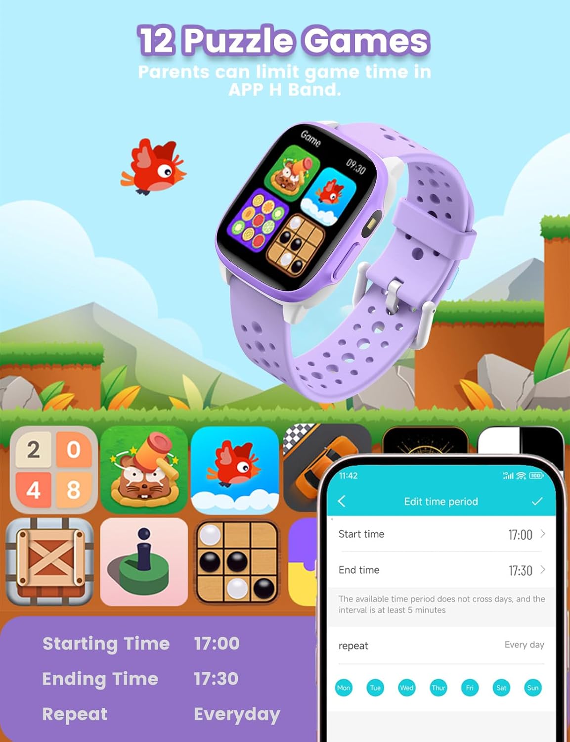 ساعة ذكية للأطفال بكشاف ومقاومة للماء بمعيار IP68 وبخاصية تتبع اللياقة البدنية وشاشة 1.5 بوصة و12 لعبة وعداد خطوات ومراقب لمعدل ضربات القلب والنوم مع تطبيق للأولاد والبنات - الصورة 5