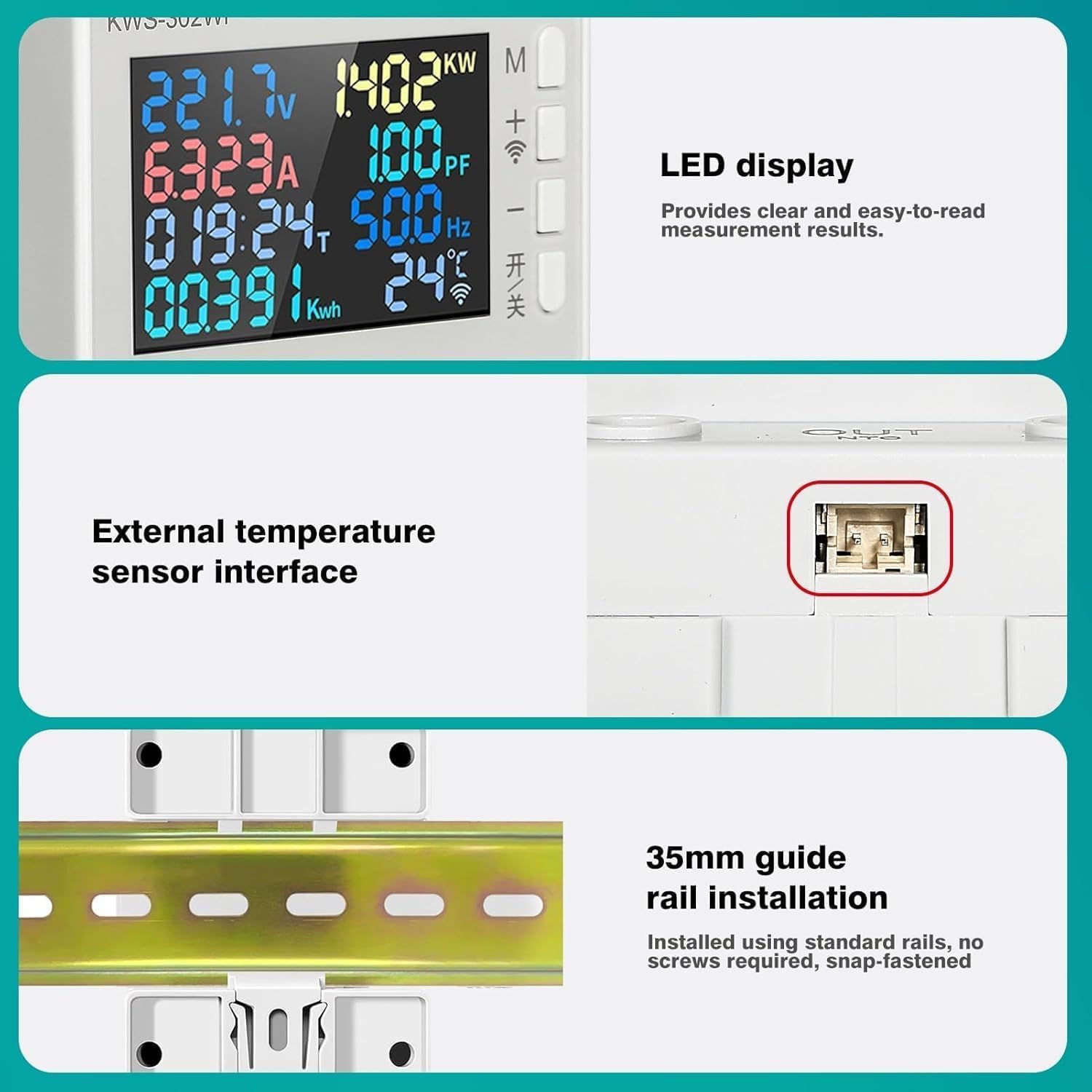 عداد كهرباء رقمي من Aputue، جهاز مراقبة طاقة WiFi AC170-300V 63A مع تحكم ذكي في التطبيقات، عداد استهلاك الطاقة 8 في 1 لتتبع كهرباء المنزل والمكتب - الصورة 6
