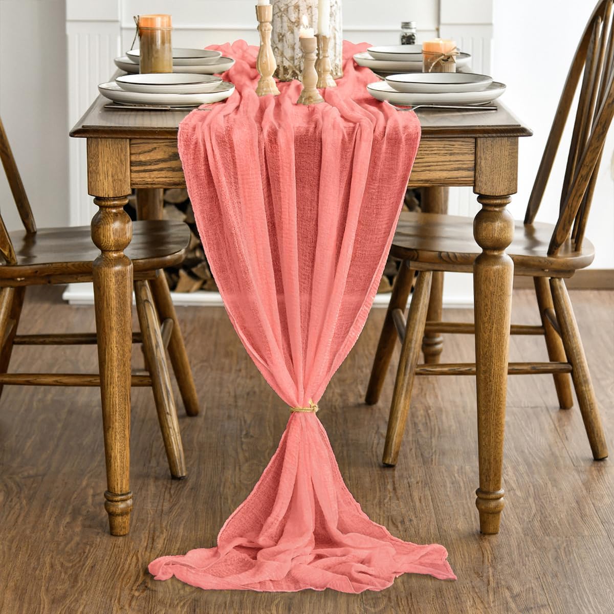 وضع Artoid Boho المرجاني الشاش الزفاف الجدول عداء، 30x120 بوصة النسيج الموسمي المطبخ الطعام عطلة الجدول الديكور للمنزل الطرف - الصورة 3