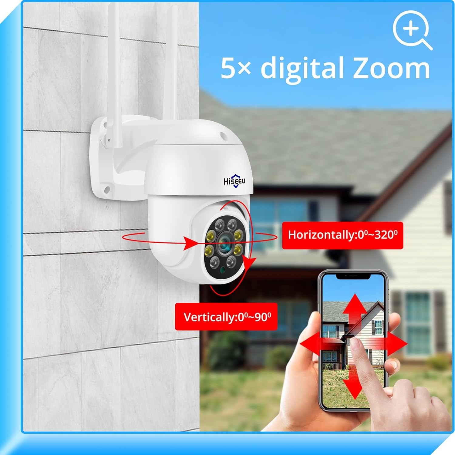 كاميرا Hiseeu 2K 3MP WIFI PTZ في الهواء الطلق، تتبع تلقائي وإنذار ضوئي وضوء كاشف ورؤية ليلية ملونة، عرض 360 درجة، صوت ثنائي الاتجاه، كابل توصيل، نظام كاميرا لاسلكي متوافق - الصورة 3
