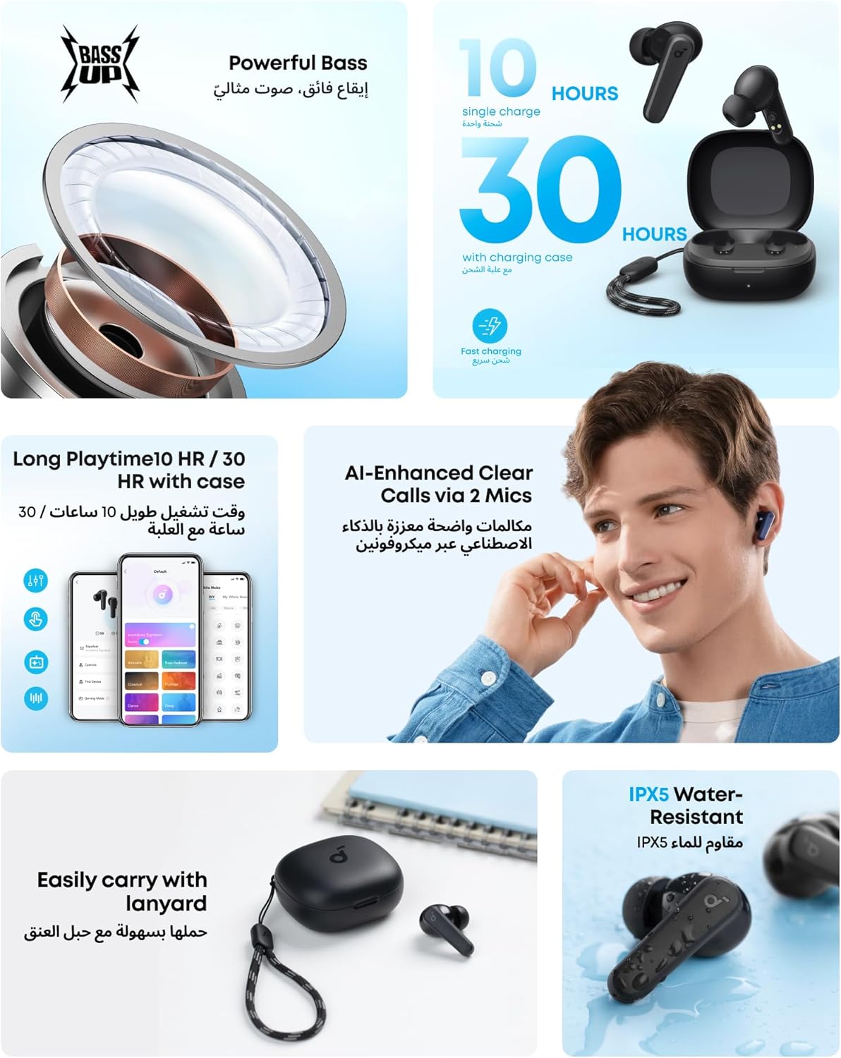 سماعات أذن Soundcore من Anker R50i True Wireless، مشغلات 10 مم مع صوت جهير كبير، بلوتوث 5.3، وقت تشغيل طويل 30 ساعة، مقاومة للماء، 2 ميكروفون للمكالمات الواضحة بالذكاء الاصطناعي، 22 مُعادل مُسبق الإعداد، التخصيص عبر التطبيق (أسود) - الصورة 2