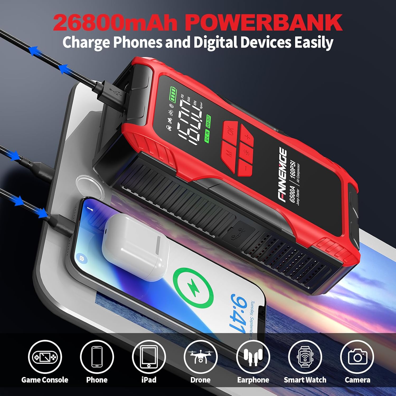 FNNEMGE 6500A Jump Starter مع ضاغط هواء، بطارية سيارة 26800 مللي أمبير في الساعة محمولة 12 فولت (لجميع الغاز/10.0 لتر ديزل)، منفاخ إطارات 160 رطل لكل بوصة مربعة، مع مخرج USB، 2 ضوء LED، شاشة كبيرة عالية الدقة. - الصورة 5