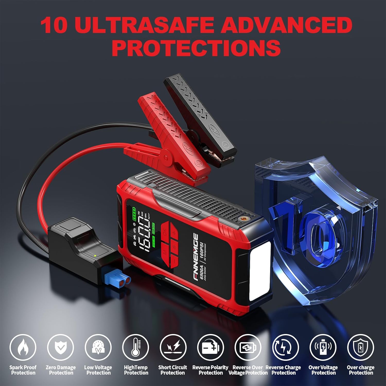 FNNEMGE 6500A Jump Starter مع ضاغط هواء، بطارية سيارة 26800 مللي أمبير في الساعة محمولة 12 فولت (لجميع الغاز/10.0 لتر ديزل)، منفاخ إطارات 160 رطل لكل بوصة مربعة، مع مخرج USB، 2 ضوء LED، شاشة كبيرة عالية الدقة. - الصورة 7