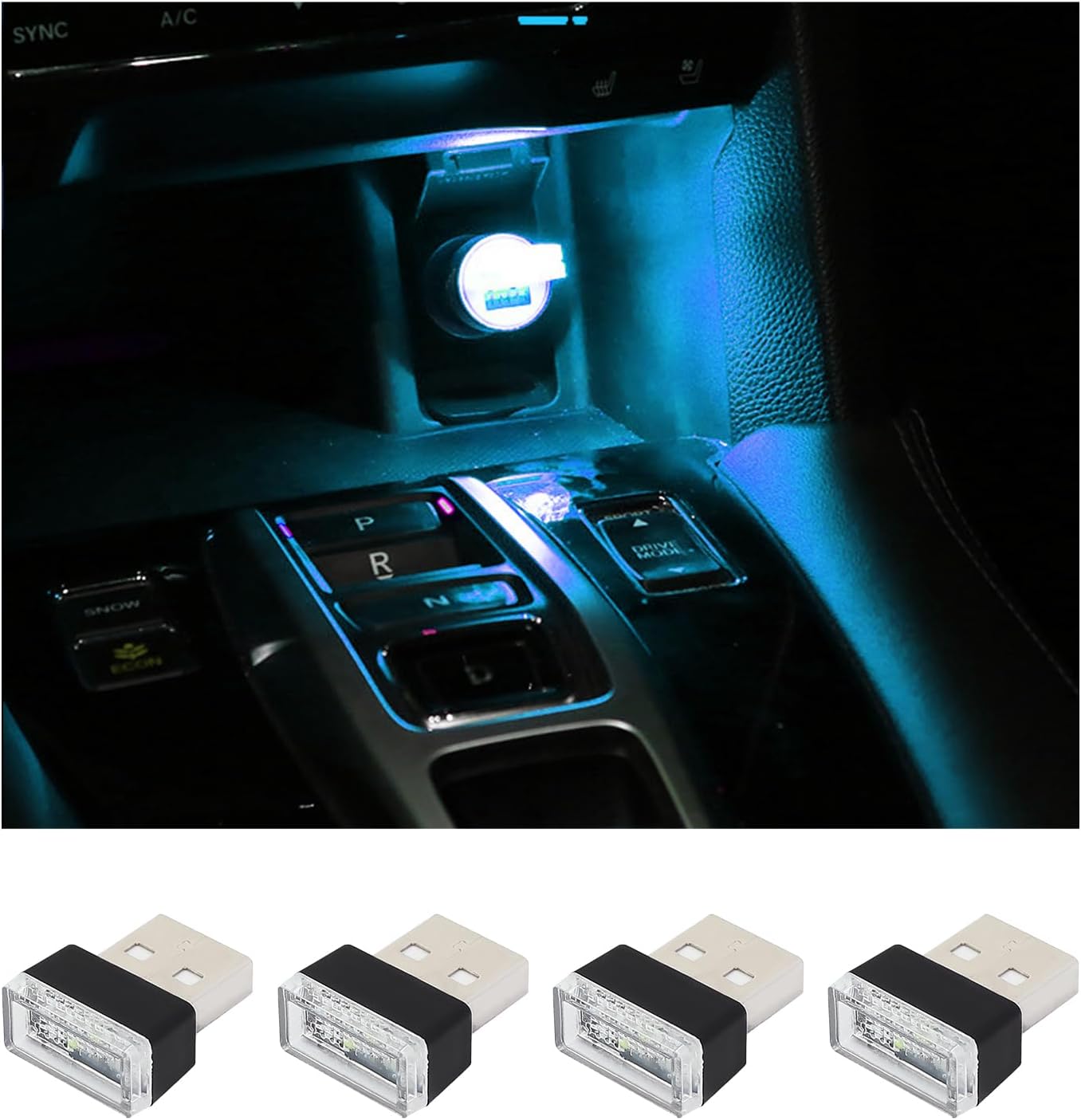 Augeny 4 قطع USB LED مصباح جو داخلي للسيارة، ضوء ليلي للديكور USB، مجموعة إضاءة محيطة تلقائية محمولة، ملحقات داخلية عالمية للمركبات لمعظم السيارات (أزرق ثلجي)