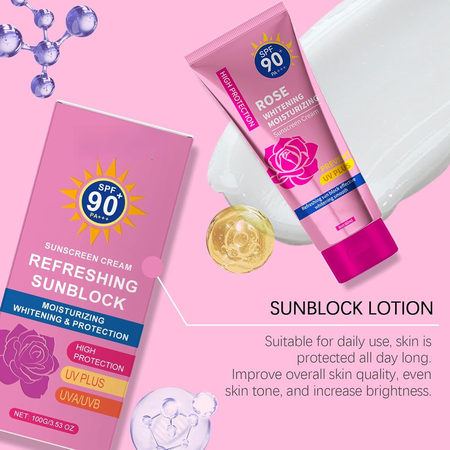YOOJ® Rose Sunscreen SPF 50+، كريم BB معزول متعدد التأثيرات 4 في 1، يخفي واقي الشمس المرطب للوجه، حماية واسعة النطاق من الأشعة فوق البنفسجية فئة A وB، تركيبة مضادة للماء غير دهنية تدوم طويلاً - الصورة 6