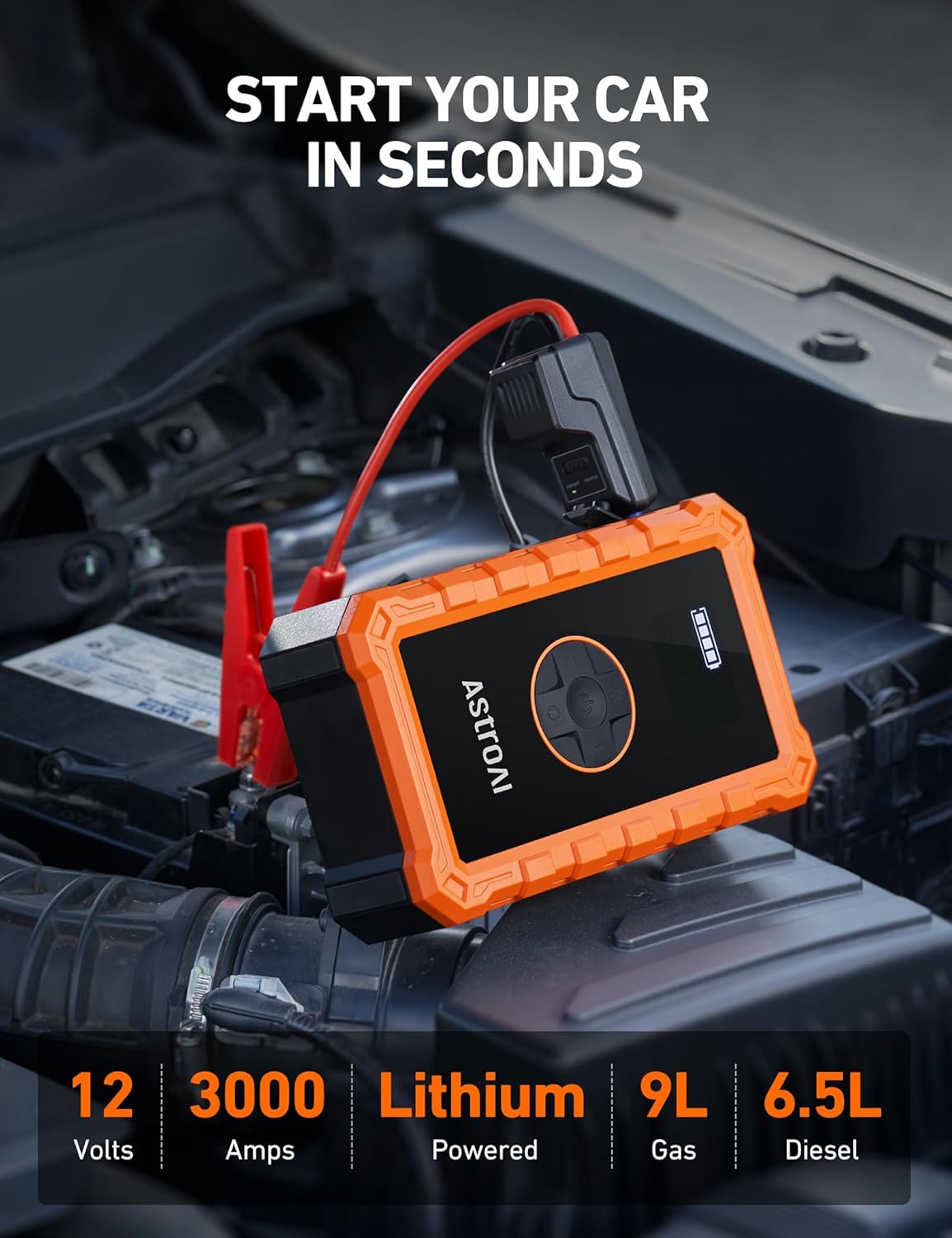 AstroAI Jump Starter مع ضاغط هواء، بطارية السيارة المحمولة (6.0 غاز/3.0 لتر ديزل) مع منفاخ إطارات للإغلاق التلقائي بقوة 150 رطل لكل بوصة مربعة، صندوق معزز لشاحن بطارية 12 فولت (برتقالي) - الصورة 2