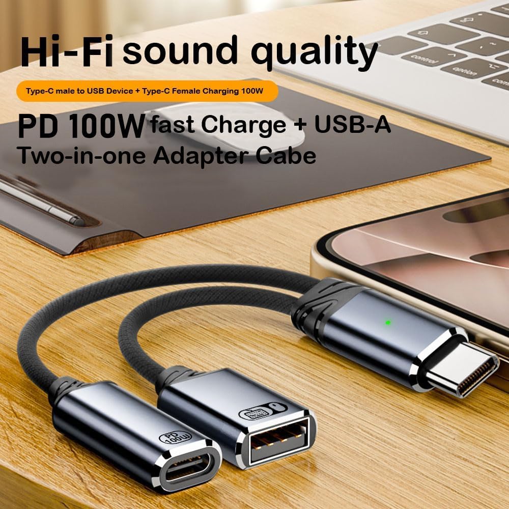محول مقسم USB-C إلى USB-A وUSB-C PD كابل OTG 2 في 1 مع شحن سريع 100 واط، ونقل البيانات ودعم الأجهزة الطرفية لأجهزة الكمبيوتر المحمول والهواتف الذكية (رمادي) - الصورة 4