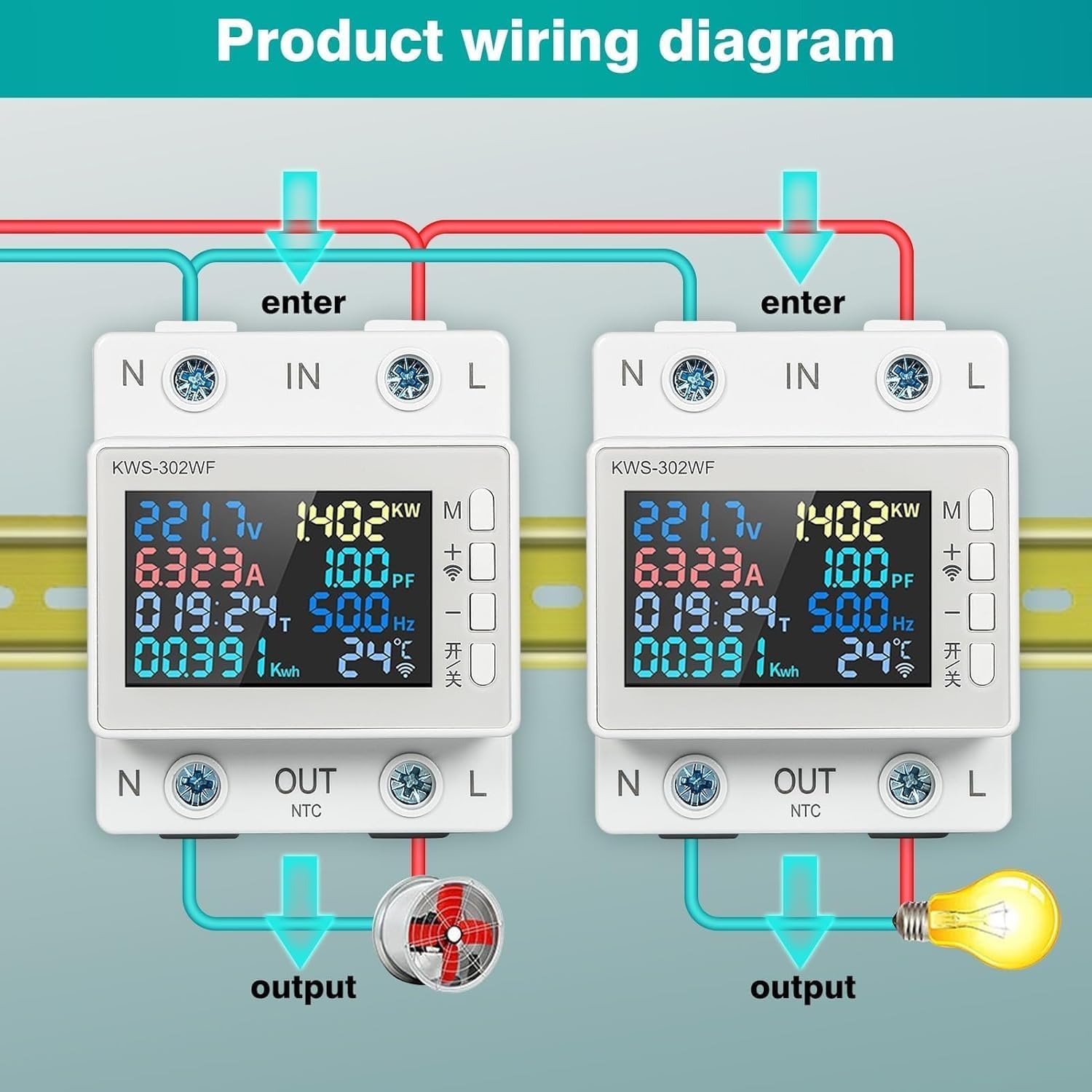 عداد كهرباء رقمي من Aputue، جهاز مراقبة طاقة WiFi AC170-300V 63A مع تحكم ذكي في التطبيقات، عداد استهلاك الطاقة 8 في 1 لتتبع كهرباء المنزل والمكتب - الصورة 2