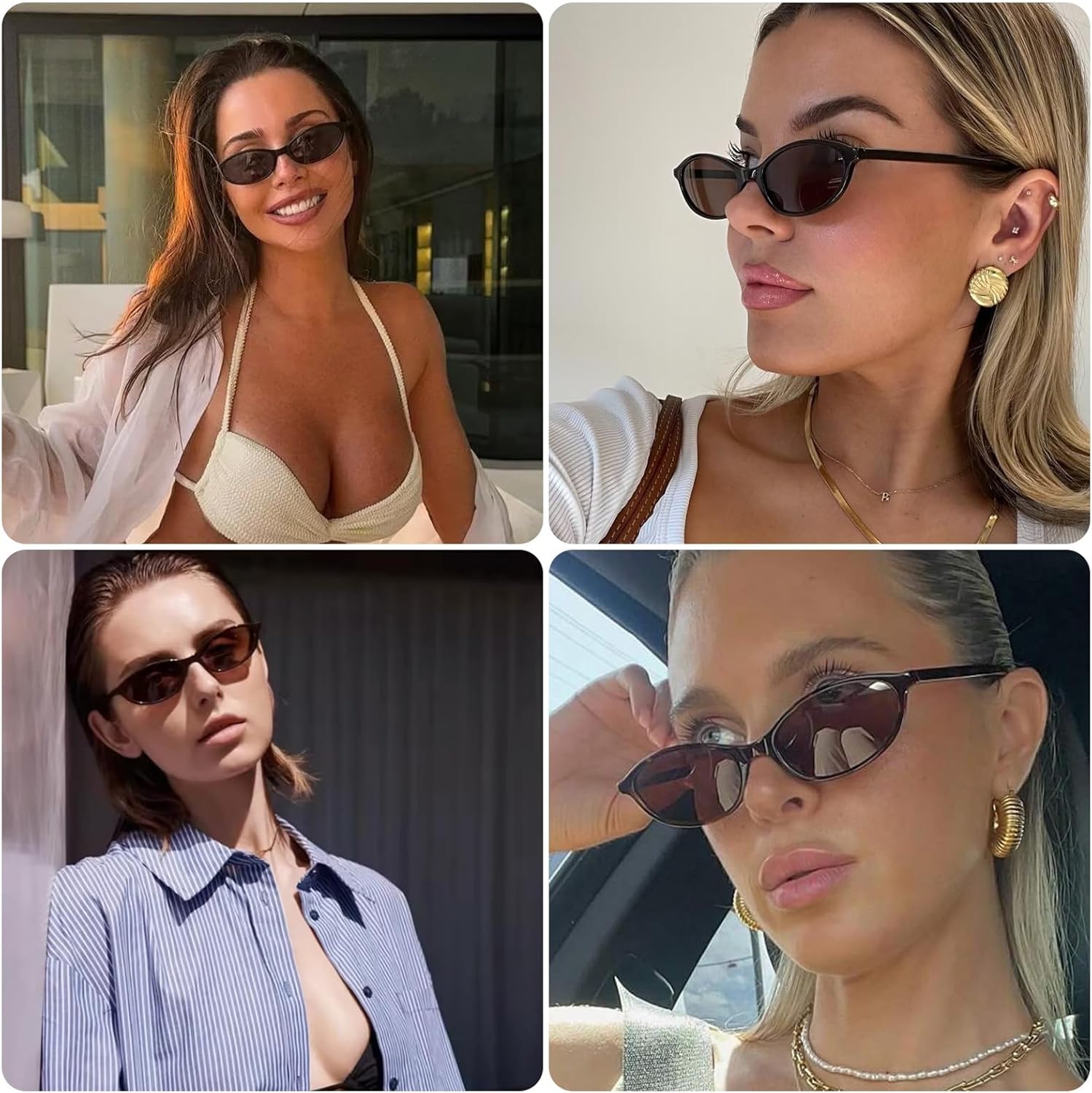 نظارات شمسية بيضاوية كلاسيكية للنساء والرجال، ظلال عين القطة العصرية الأنيقة من Azonee Vintage التسعينيات، نظارات عصرية للحماية من الأشعة فوق البنفسجية، عبوة من 2 (ذهبي شامبانيا + أسود) - الصورة 8