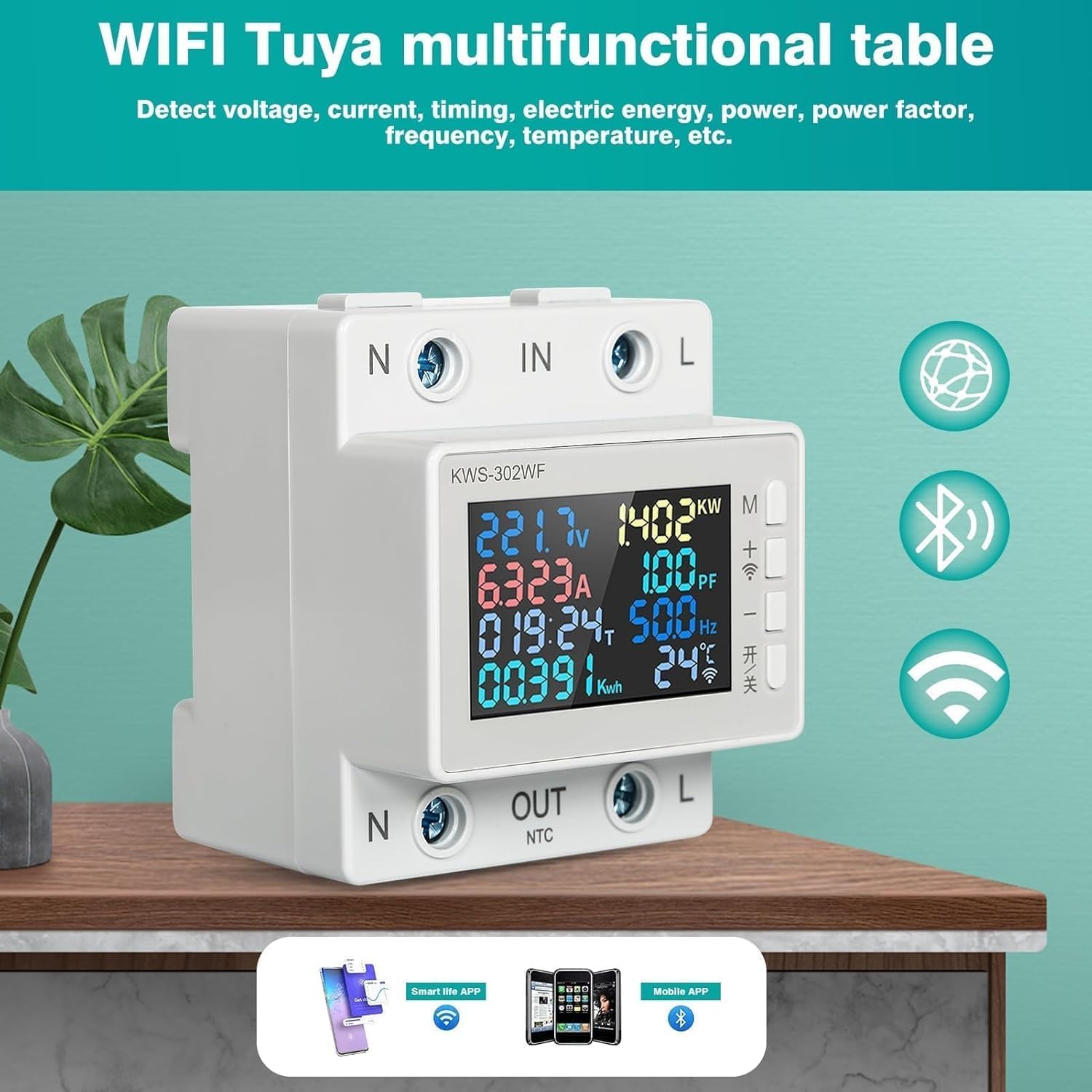 عداد كهرباء رقمي من Aputue، جهاز مراقبة طاقة WiFi AC170-300V 63A مع تحكم ذكي في التطبيقات، عداد استهلاك الطاقة 8 في 1 لتتبع كهرباء المنزل والمكتب - الصورة 5