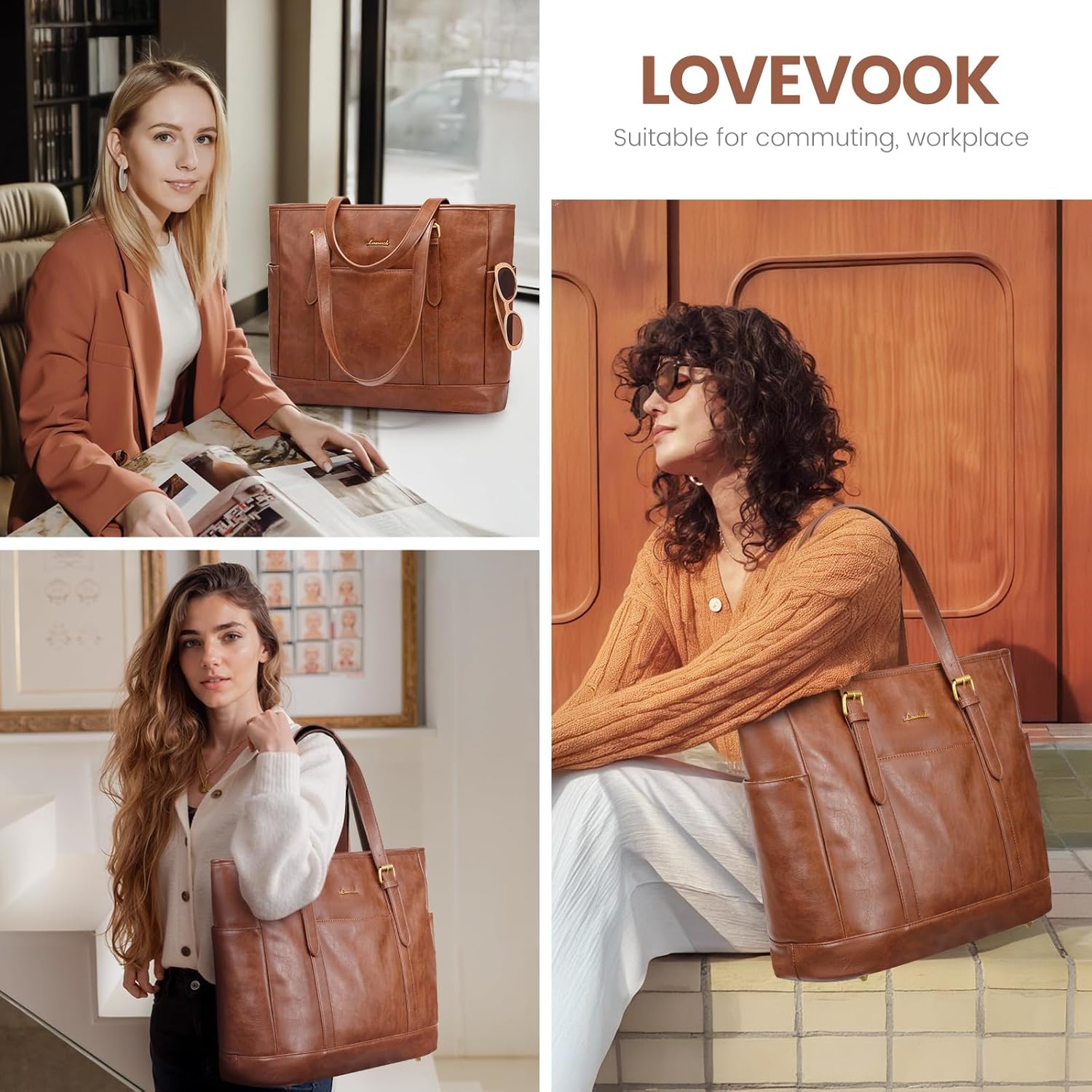 حقيبة كمبيوتر محمول من LOVEVOOK للنساء، حقيبة عمل جلدية عتيقة للنساء، حقيبة كمبيوتر مقاس 15.6 بوصة، حقيبة مكتب عمل مدرسية مقاومة للماء - الصورة 6