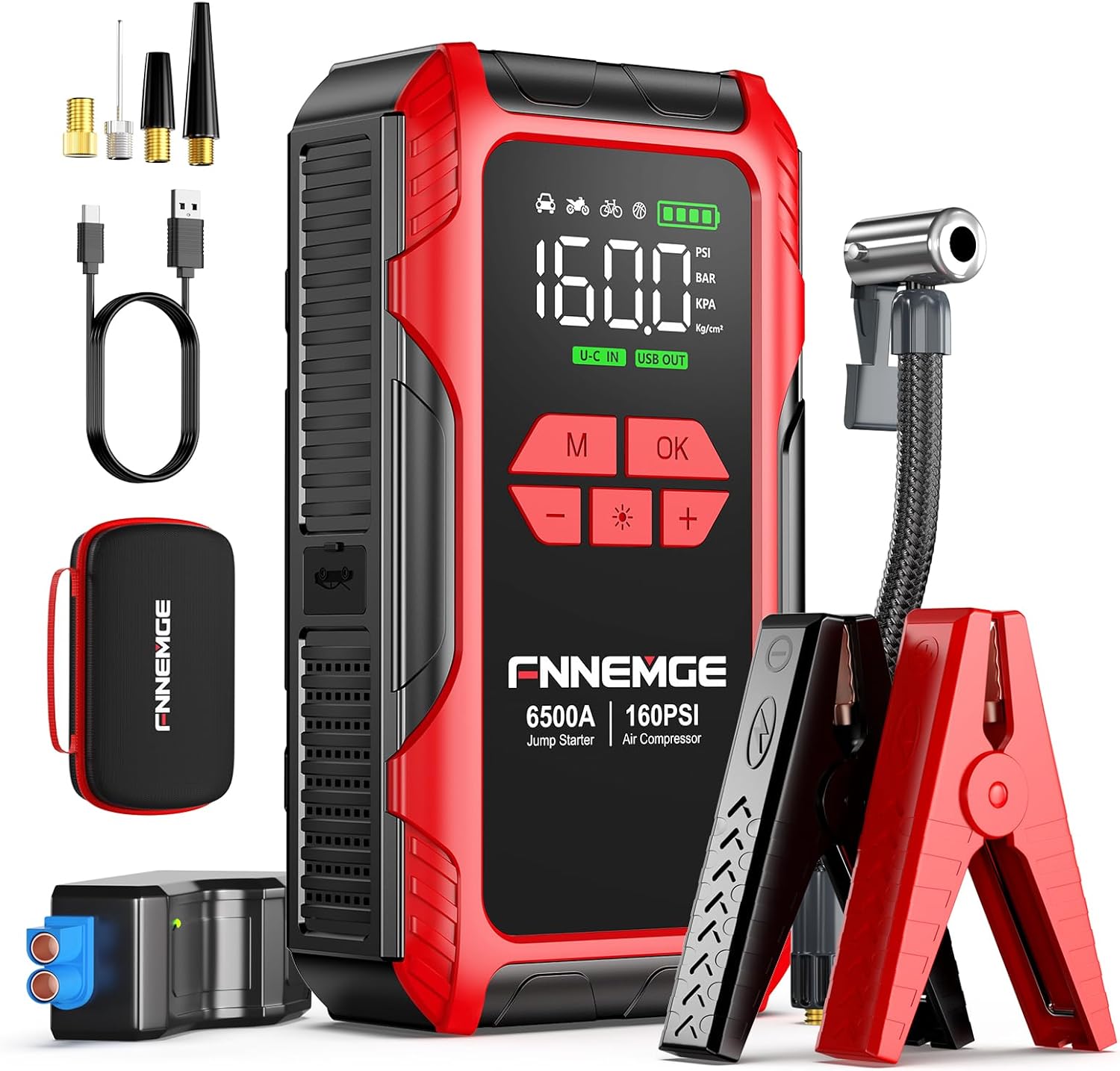 FNNEMGE 6500A Jump Starter مع ضاغط هواء، بطارية سيارة 26800 مللي أمبير في الساعة محمولة 12 فولت (لجميع الغاز/10.0 لتر ديزل)، منفاخ إطارات 160 رطل لكل بوصة مربعة، مع مخرج USB، 2 ضوء LED، شاشة كبيرة عالية الدقة.