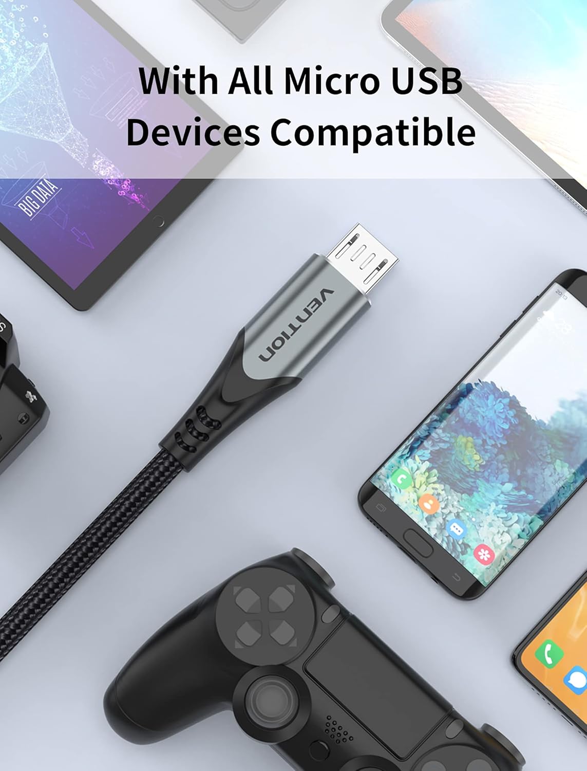 كابل VENTION Micro USB بطول 1 متر، كابل شاحن هاتف USB إلى Micro USB، كابل شحن Micro USB لمزامنة البيانات عالي السرعة من النايلون 3A لهواوي وXiaomi وLG وSony وNexus وNokia والهواتف الذكية التي تعمل بنظام Android وPS4 وXbox إلخ (1 متر) - الصورة 4