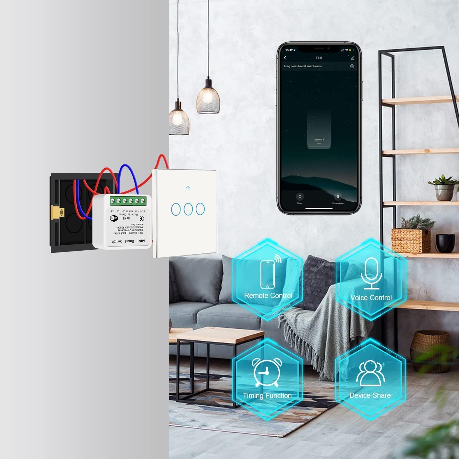 مفتاح X Spring الذكي، قطعتان من مفتاح إضاءة WiFi مع جهاز تحكم عن بعد، مفتاح ذكي متوافق مع مساعد الصوت لأتمتة المنزل، لا يتطلب محورًا، وظيفة المؤقت (قطعتان) - الصورة 4