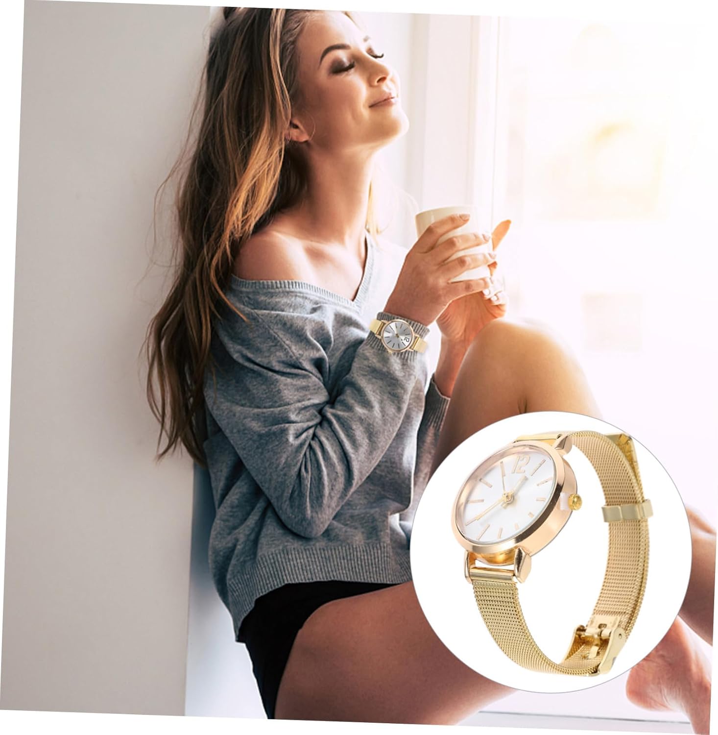 ساعة سوار نسائية مع سوار شبكي رفيع للغاية، ساعة يد أنيقة فاخرة للسيدات، قرص سهل القراءة، ساعة ذهبية بسيطة للنساء، ساعة رسمية أنيقة للاستخدام اليومي (ذهبي) - الصورة 7