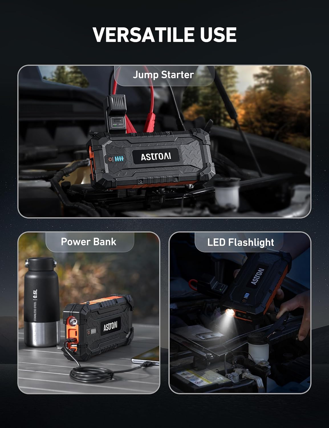 حزمة بطارية AstroAI S8 Ultra Jump Starter، بطارية 4000 أمبير مع شاحن حائط لما يصل إلى 10.0 لتر من الغاز ومحركات الديزل 8.0 لتر، صندوق القفز المحمول 12 فولت مع 3 أوضاع مصباح يدوي وكابل توصيل - الصورة 9