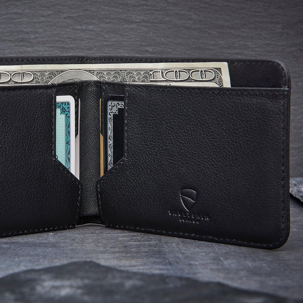 محفظة جلدية مزدوجة الطي من Vaultskin MANHATTAN رفيعة بتقنية RFID للرجال - حامل بطاقات بجيب أمامي بسيط، تحمل 9 بطاقات ونقود، جلد إيطالي فاخر - الصورة 5