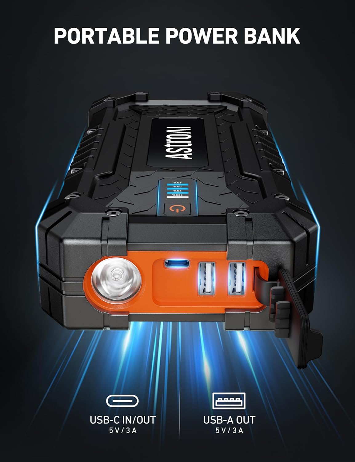 حزمة بطارية AstroAI S8 Ultra Jump Starter، بطارية 4000 أمبير مع شاحن حائط لما يصل إلى 10.0 لتر من الغاز ومحركات الديزل 8.0 لتر، صندوق القفز المحمول 12 فولت مع 3 أوضاع مصباح يدوي وكابل توصيل - الصورة 3
