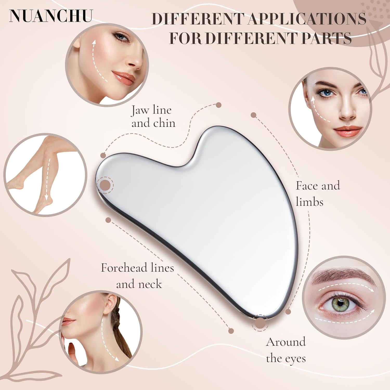 أدوات الوجه Gua Sha المصنوعة من الفولاذ المقاوم للصدأ من Nuanchu، هدايا العناية الذاتية لعيد الأم، Guasha للوجه المعدني Gua Sha لشد الجلد، أداة تجميل Guasha لتدليك عيون الجسم مع حقيبة سفر (فضية) - الصورة 4
