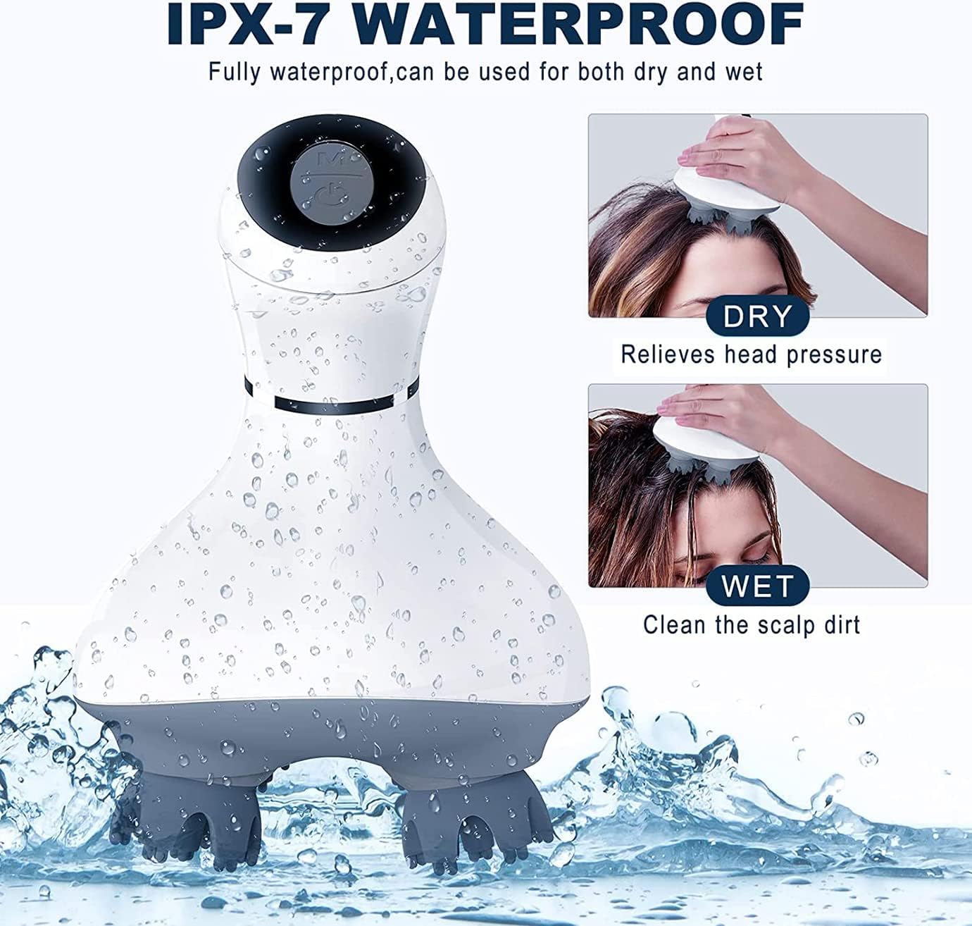 مدلك الرأس الكهربائي من زوني، مدلك فروة الرأس المحمول مع IPX7 مقاوم للماء و8 رؤوس تدليك قابلة للإزالة، لنمو الشعر، وتخفيف التوتر، والتنظيف العميق، وتدليك الجسم بالكامل - الصورة 2
