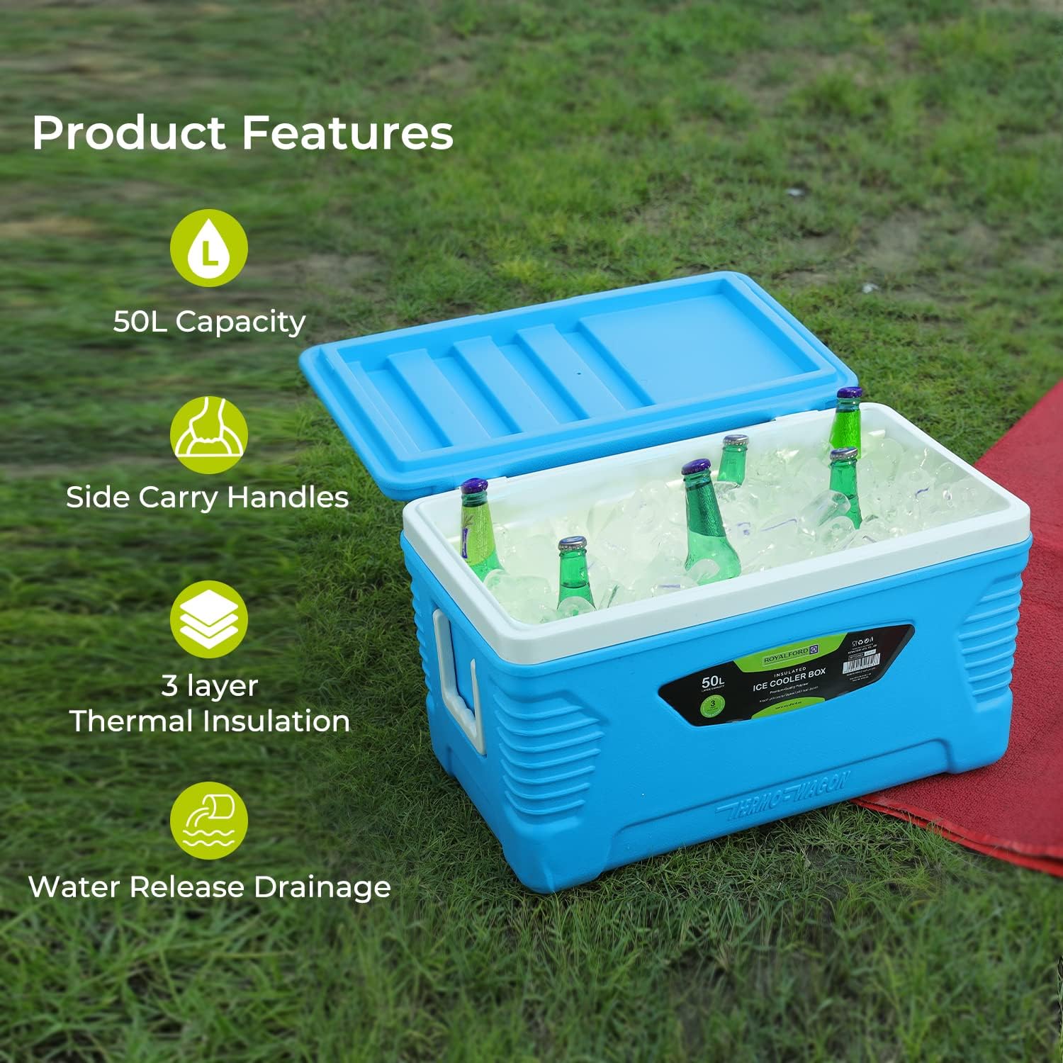 صندوق تبريد ثلج معزول من Royalford، سعة 50 لتر، Rf10483 صندوق تبريد محمول 3 طبقات Pp Pu Hdpe عالي الجودة بوليمر عازل حراري صندوق تبريد كبير عالي الأداء، ألوان متنوعة - الصورة 2